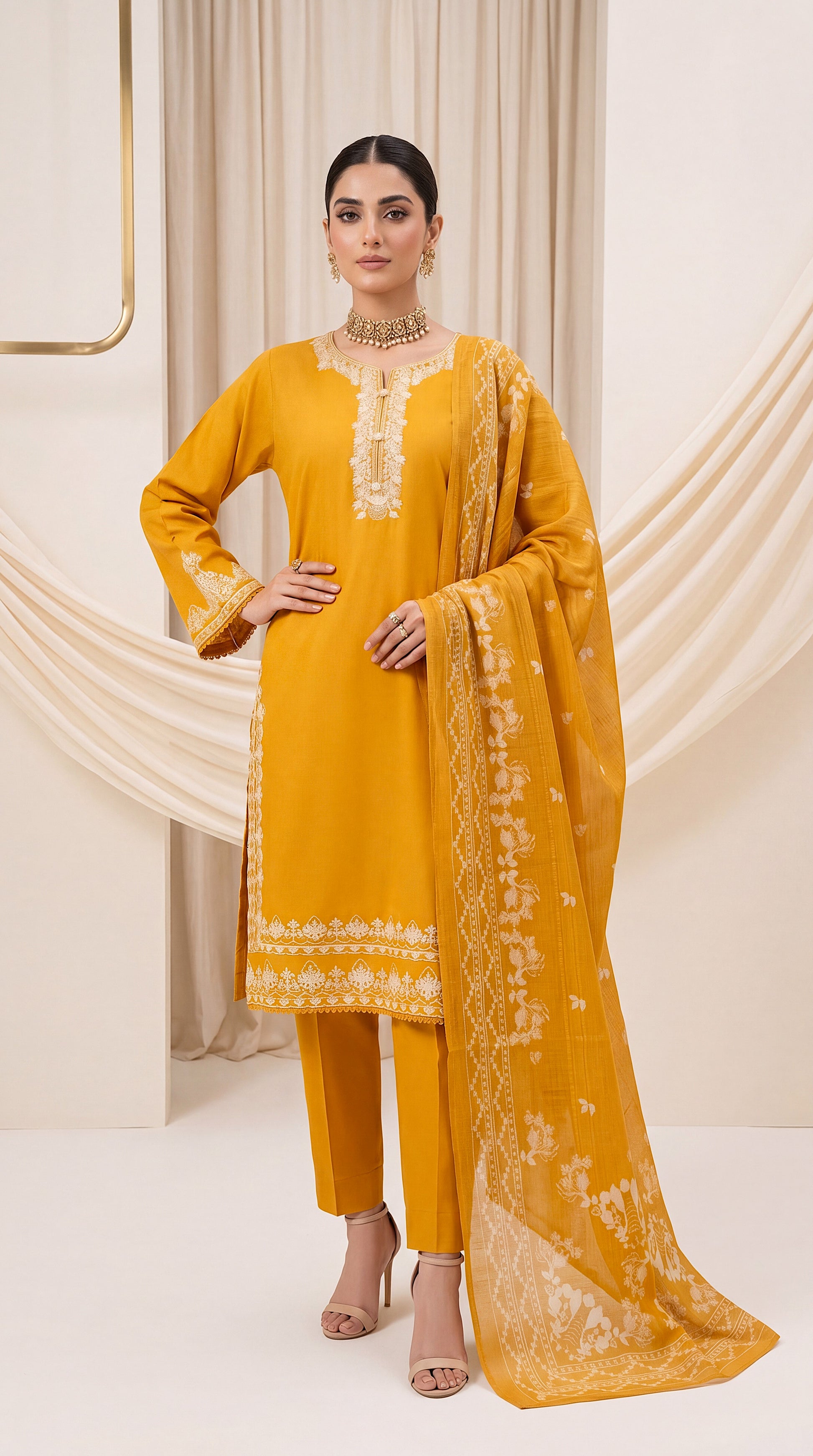 Ladies Printed Lawn Suit PL00993 Mustard Embroidered Border 3 Piece YELLOW / SML