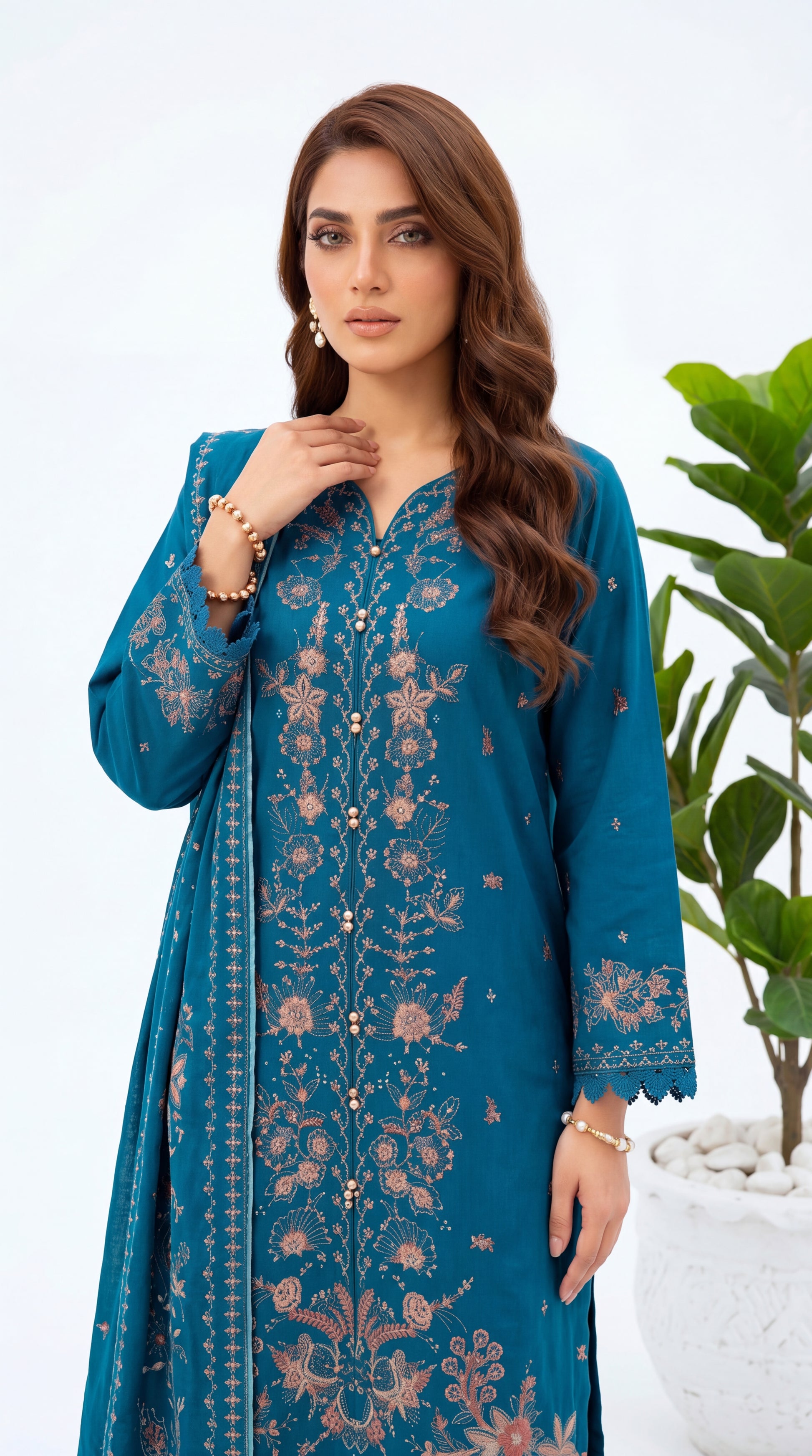 3PC Suit  PL00994 Teal Floral Embroidered Straight Fit ZINK / SML
