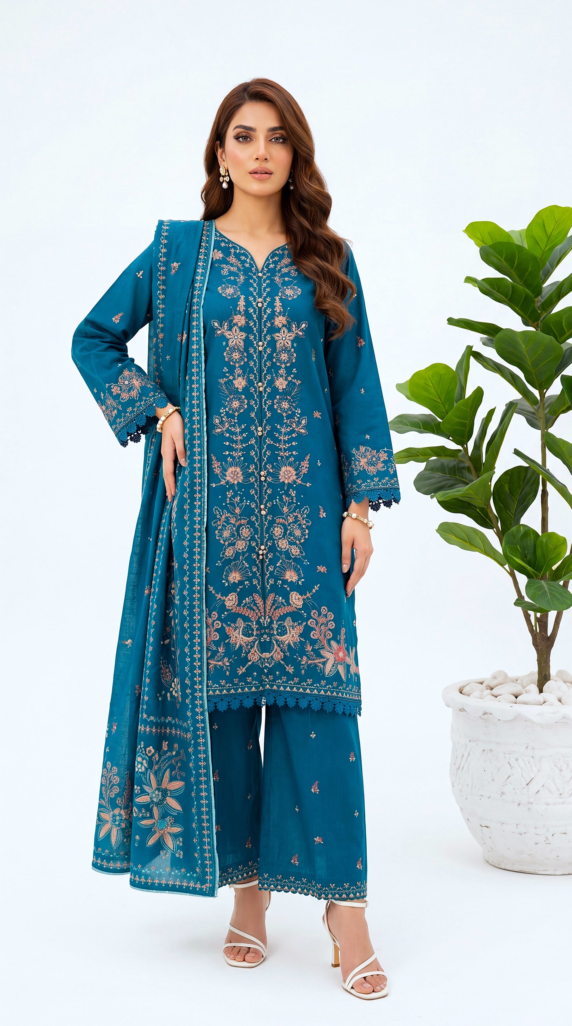 3PC Suit  PL00994 Teal Floral Embroidered Straight Fit ZINK / SML