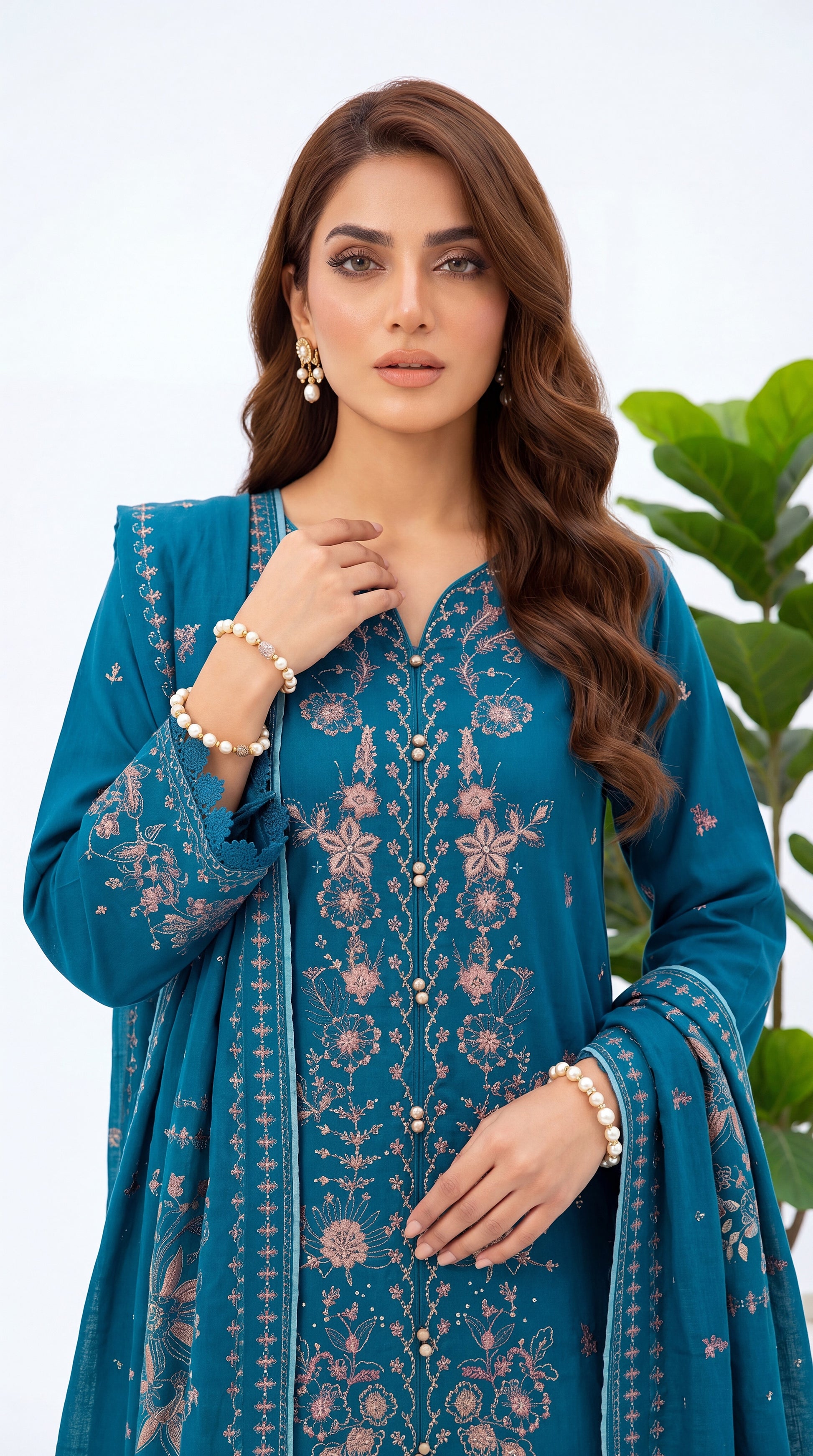 3PC Suit  PL00994 Teal Floral Embroidered Straight Fit ZINK / SML