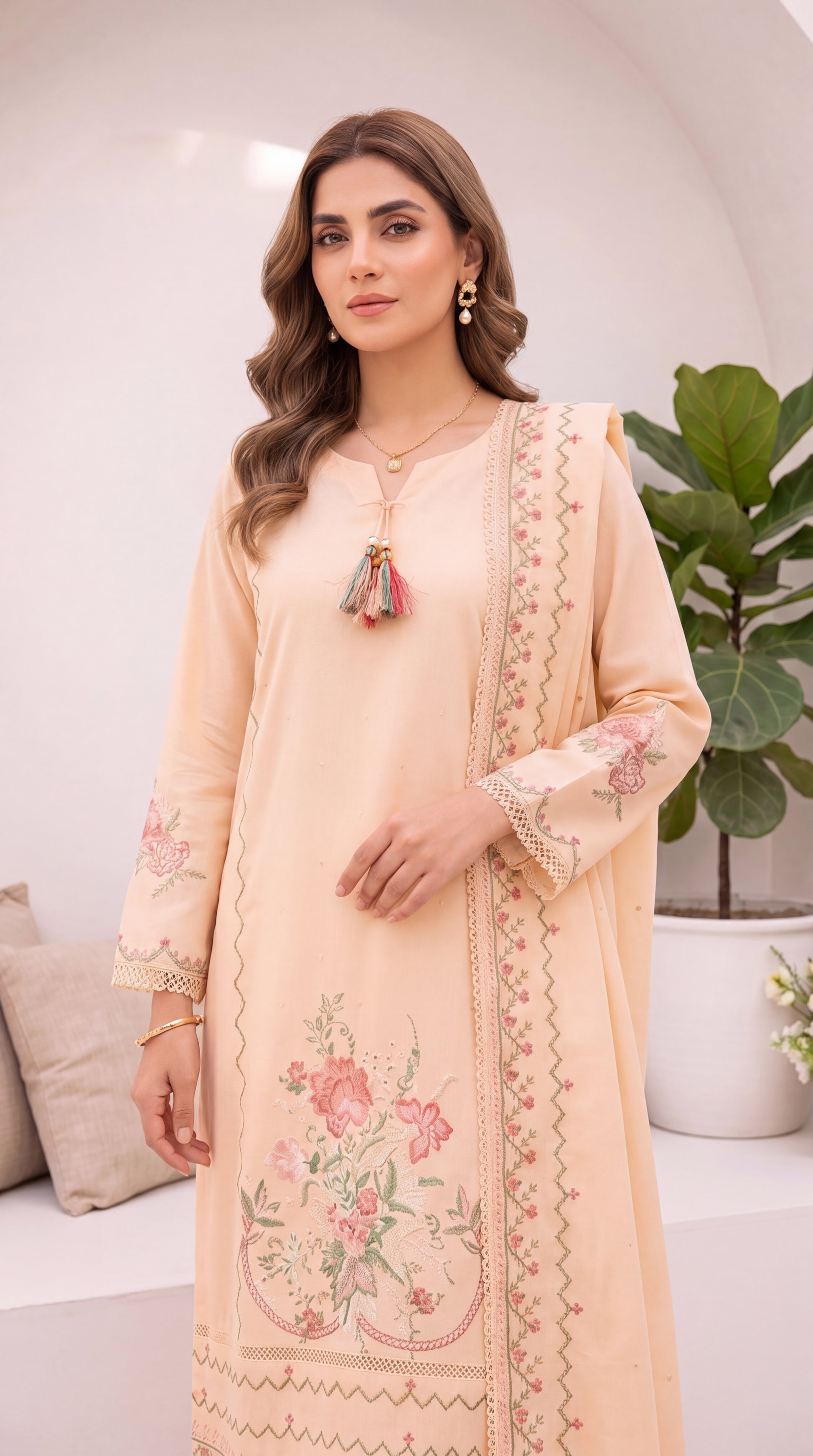 Women's Pret Wear PL00997 Cream Floral Embroidered Dupatta 3 Piece BAGE / SML