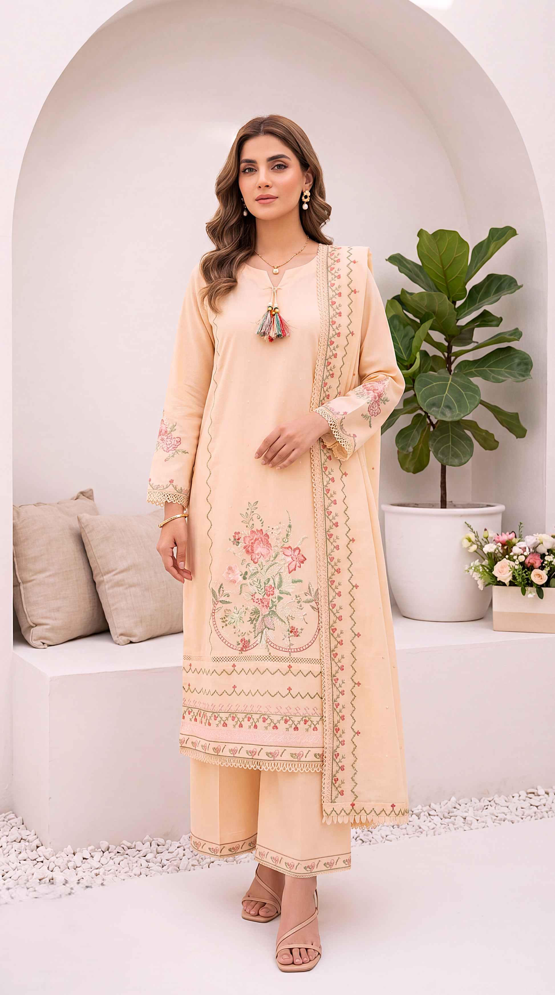 Women's Pret Wear PL00997 Cream Floral Embroidered Dupatta 3 Piece BAGE / SML