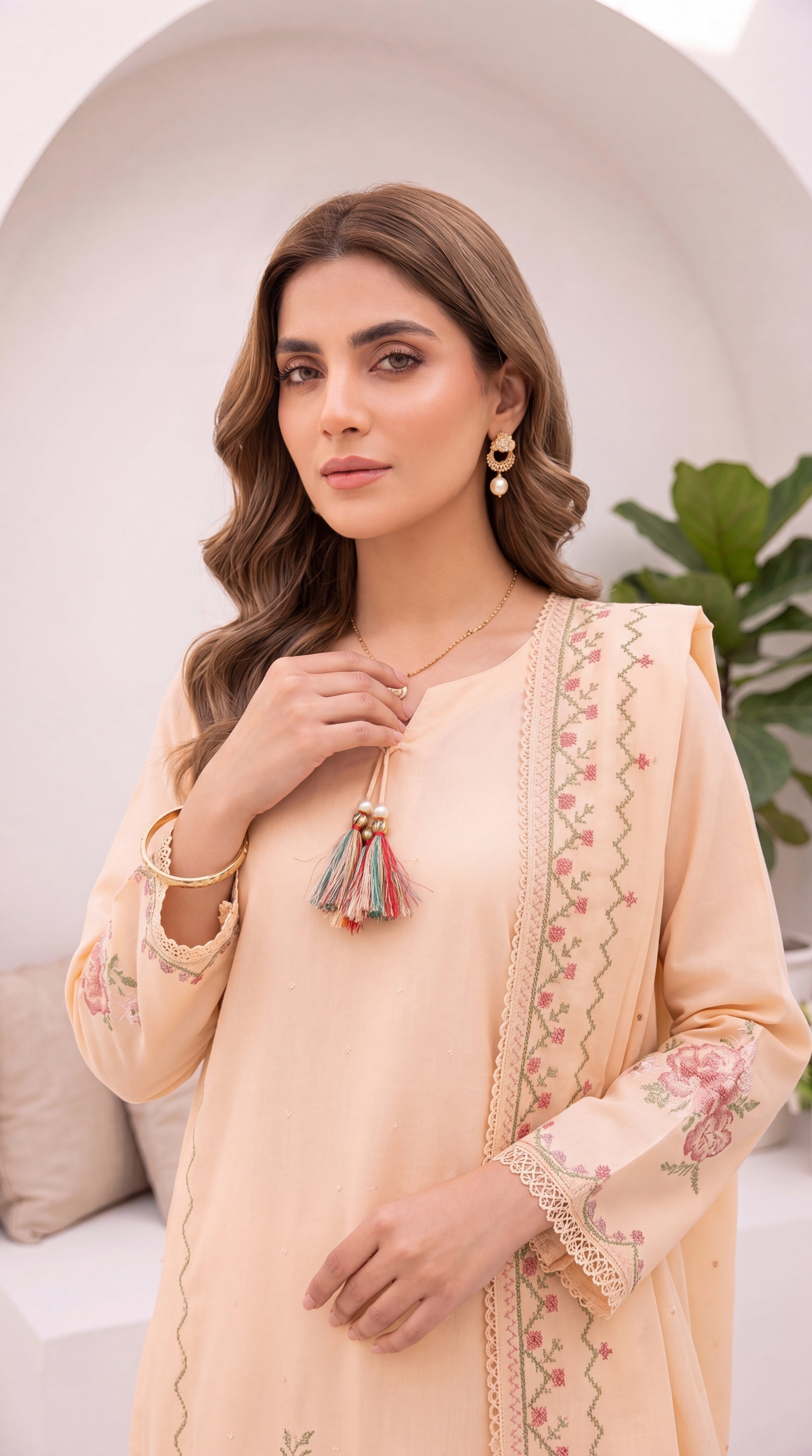 Women's Pret Wear PL00997 Cream Floral Embroidered Dupatta 3 Piece BAGE / SML