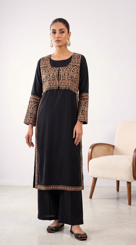 Ladies Formal Embroidered Suit PL01004 Mughal Handwork 2 Piece BLACK / SML