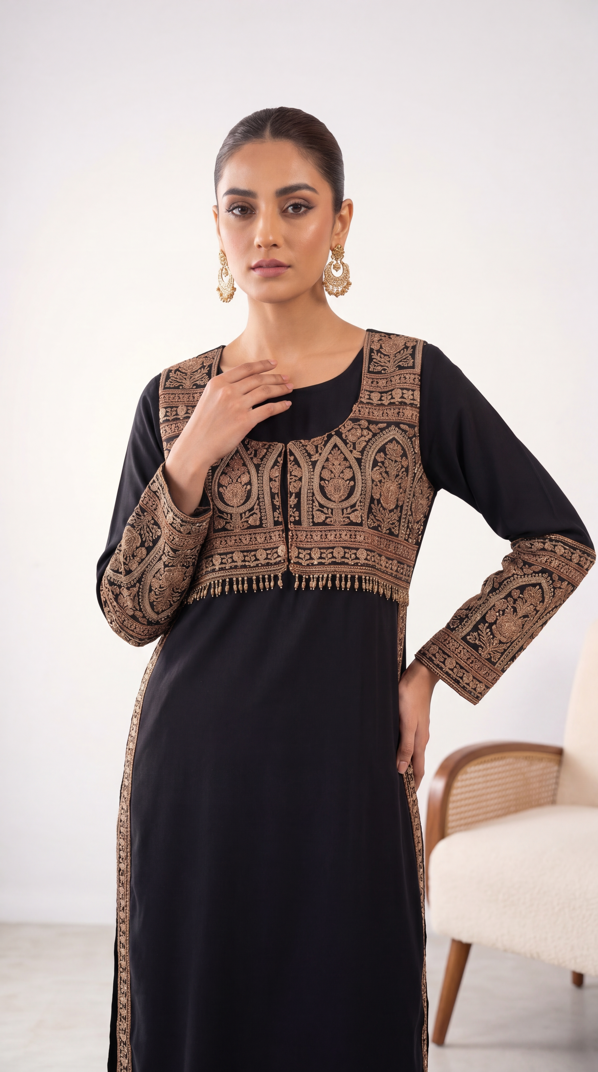 Ladies Formal Embroidered Suit PL01004 Mughal Handwork 2 Piece BLACK / SML