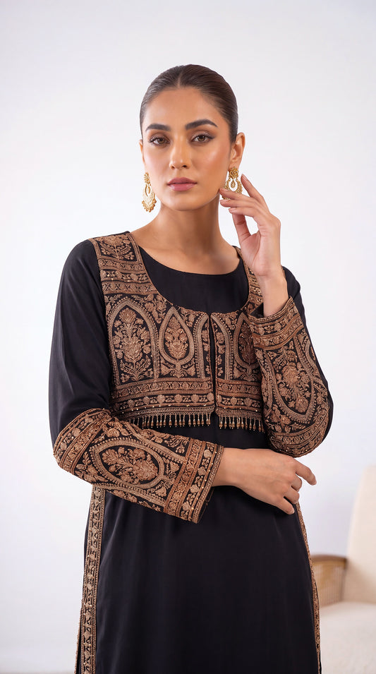Ladies Formal Embroidered Suit PL01004 Mughal Handwork 2 Piece BLACK / SML