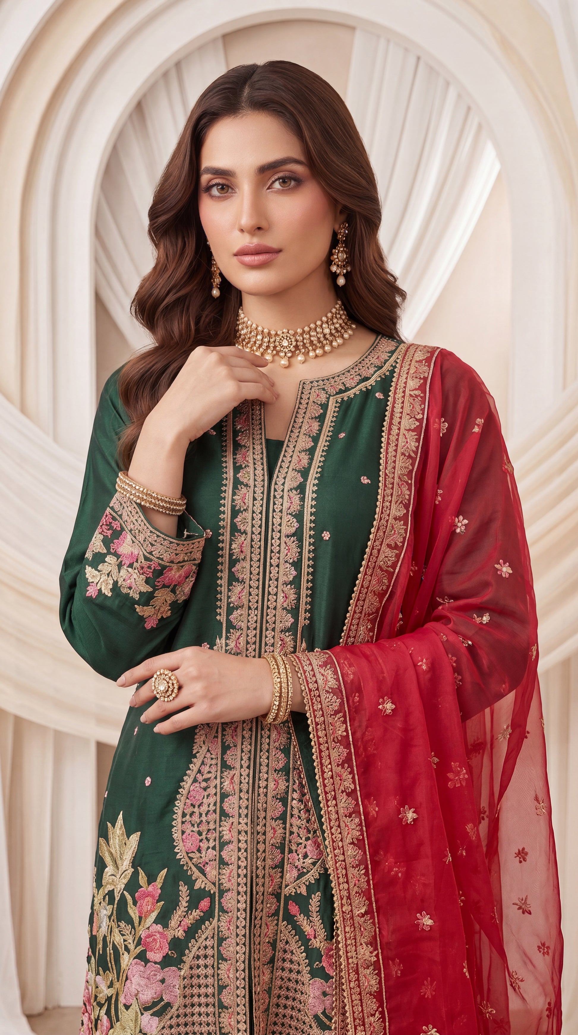 Women's Emerald Green Luxury Suit PL01006 | Heavy Embroidery & Red Net Dupatta | 3 Piece | Silk Blend GREEN / SML