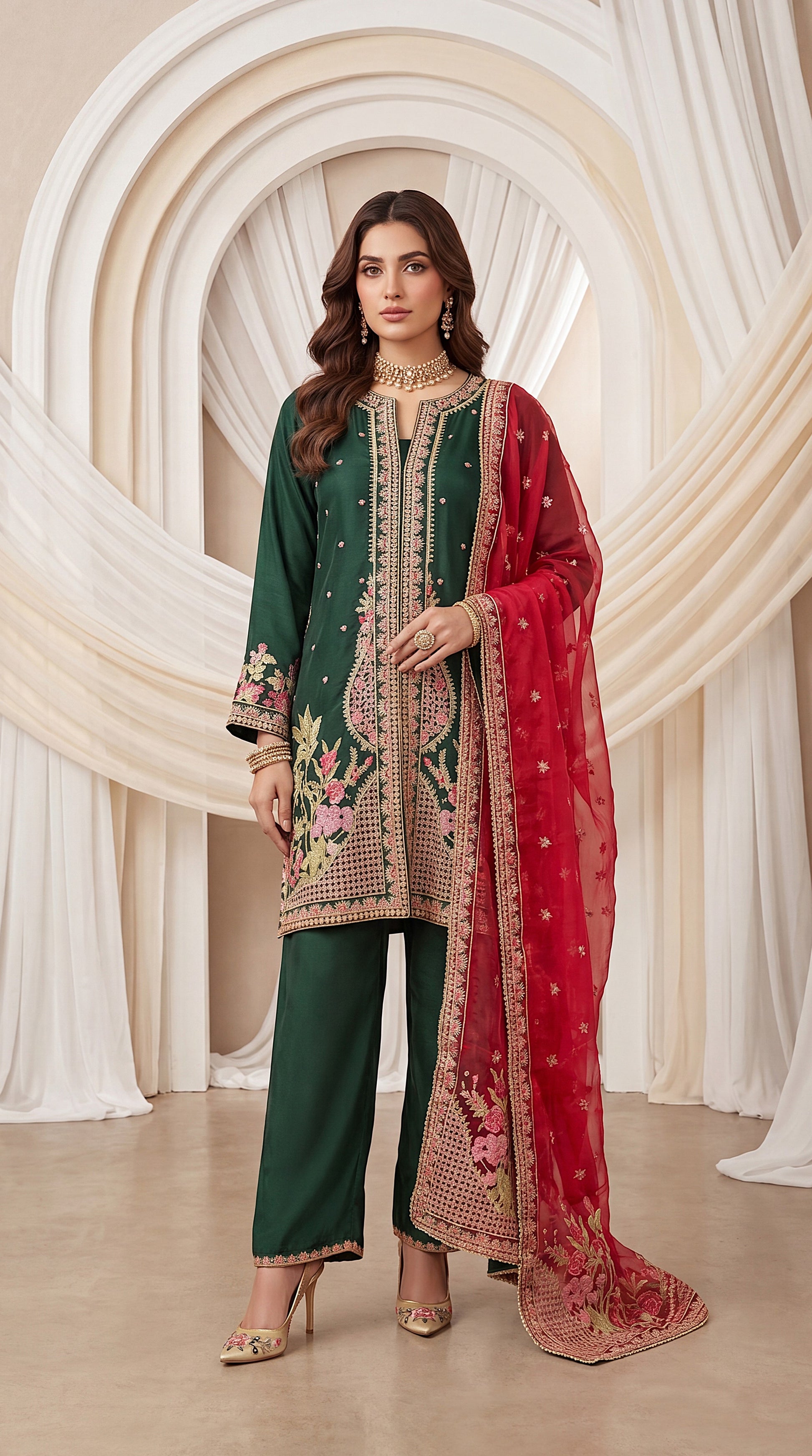 Women's Emerald Green Luxury Suit PL01006 | Heavy Embroidery & Red Net Dupatta | 3 Piece | Silk Blend GREEN / SML