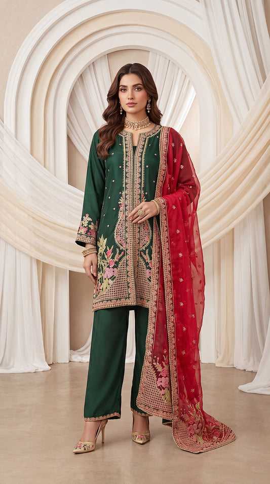 Women's Emerald Green Luxury Suit PL01006 | Heavy Embroidery & Red Net Dupatta | 3 Piece | Silk Blend GREEN / SML