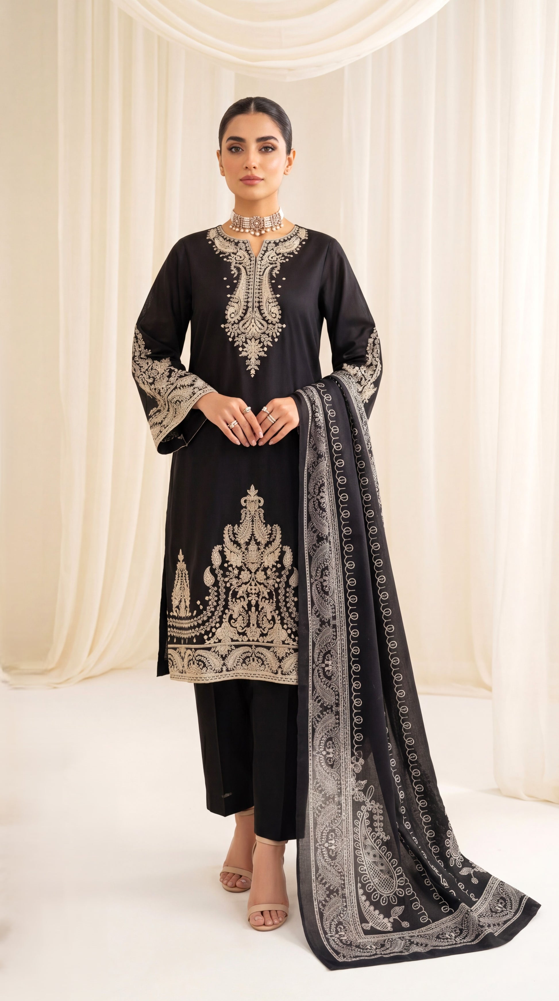 Ladies Printed Cotton Suit PL01054 Ethnic Motif Print 3 Piece BLACK / SML