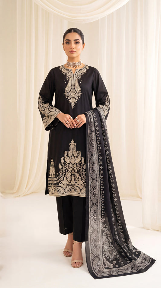 Ladies Printed Cotton Suit PL01054 Ethnic Motif Print 3 Piece BLACK / SML