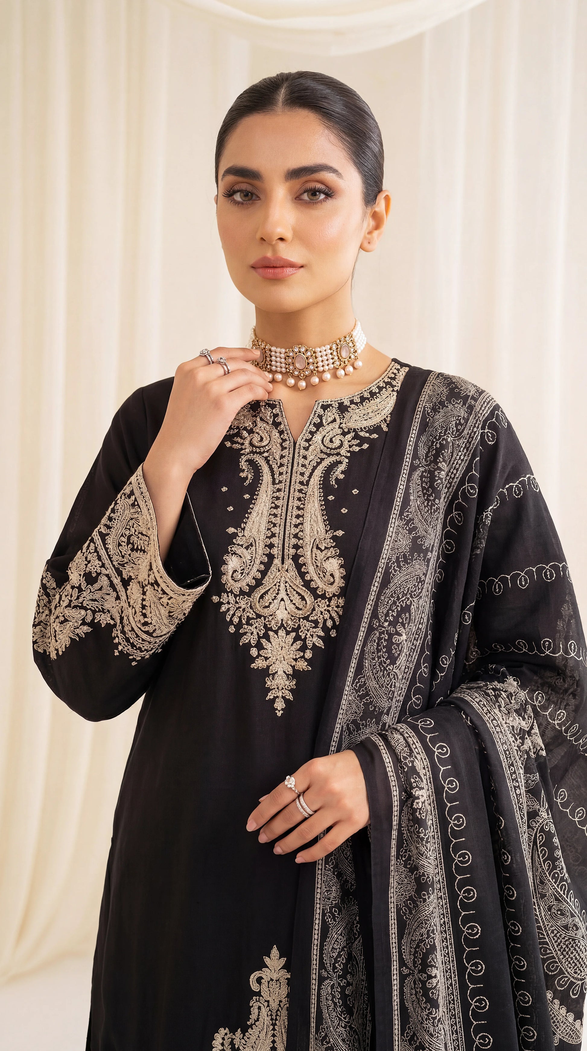 Ladies Printed Cotton Suit PL01054 Ethnic Motif Print 3 Piece BLACK / SML