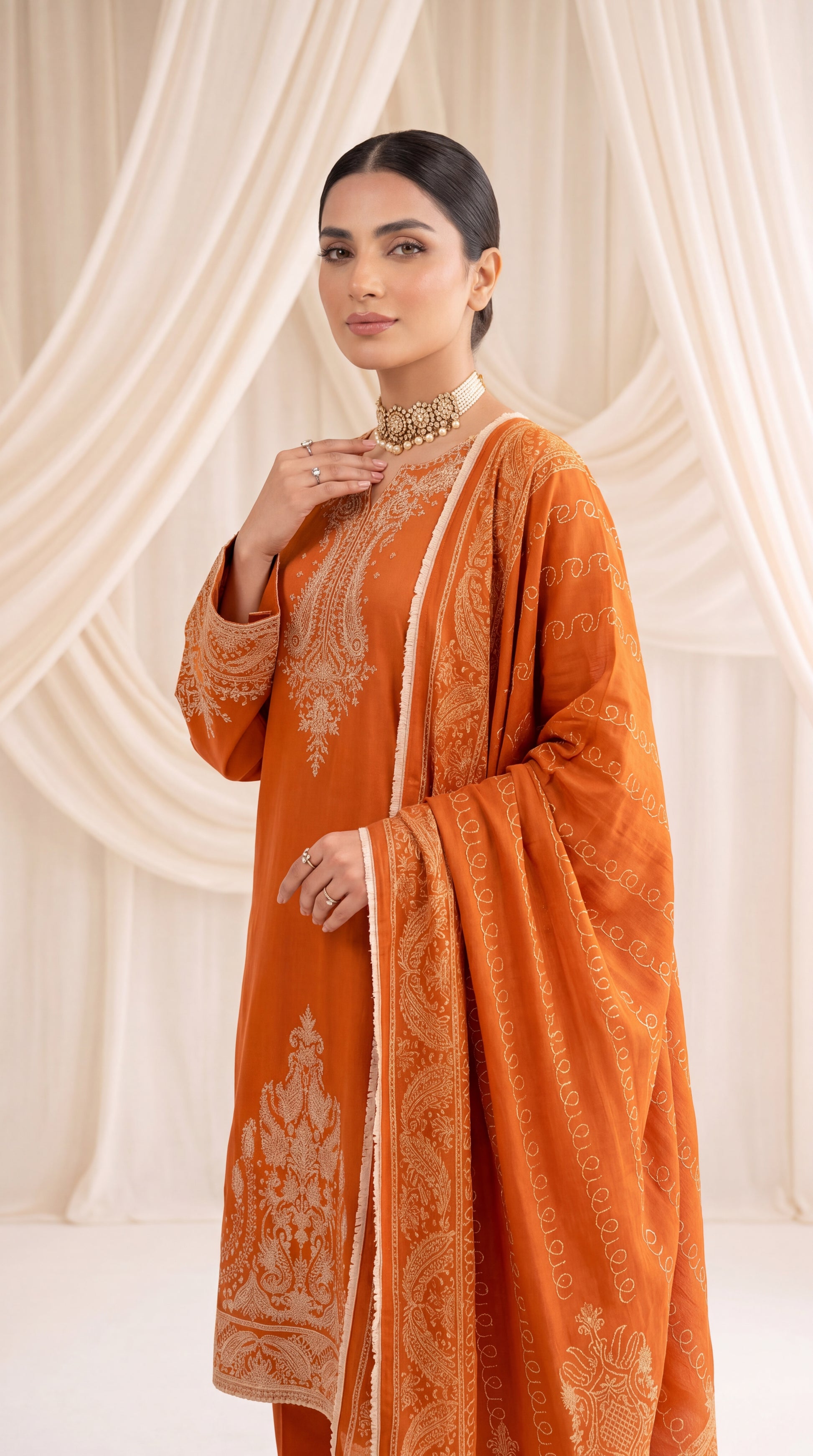 Ladies Printed Cotton Suit PL01054 Ethnic Motif Print 3 Piece ORANGE / SML