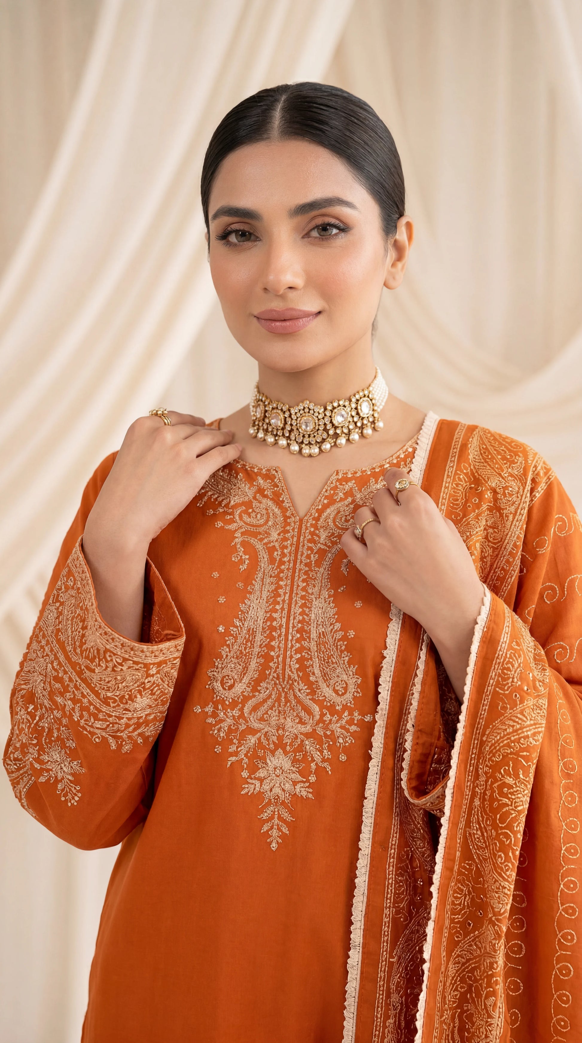 Ladies Printed Cotton Suit PL01054 Ethnic Motif Print 3 Piece ORANGE / SML