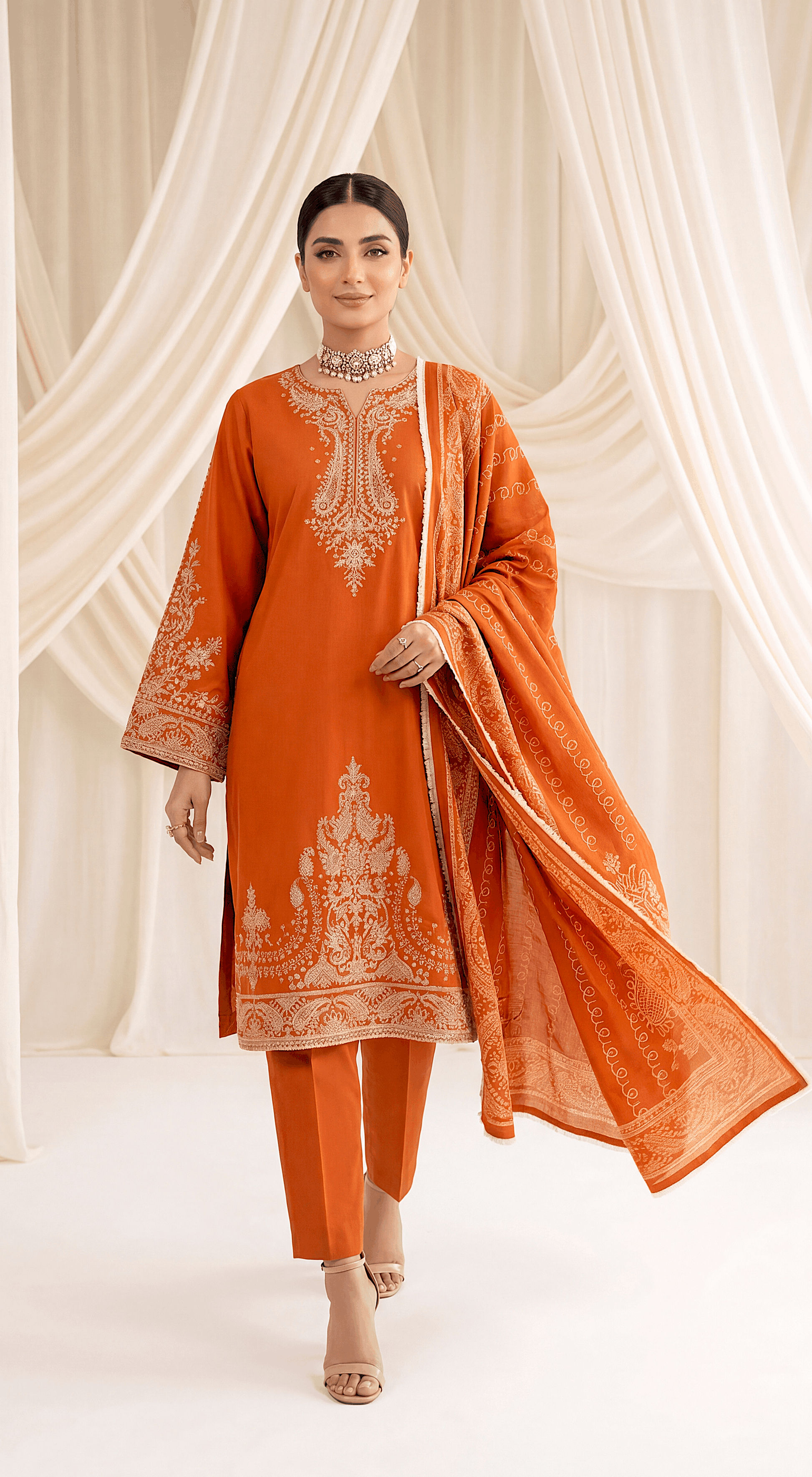 Ladies Printed Cotton Suit PL01054 Ethnic Motif Print 3 Piece ORANGE / SML