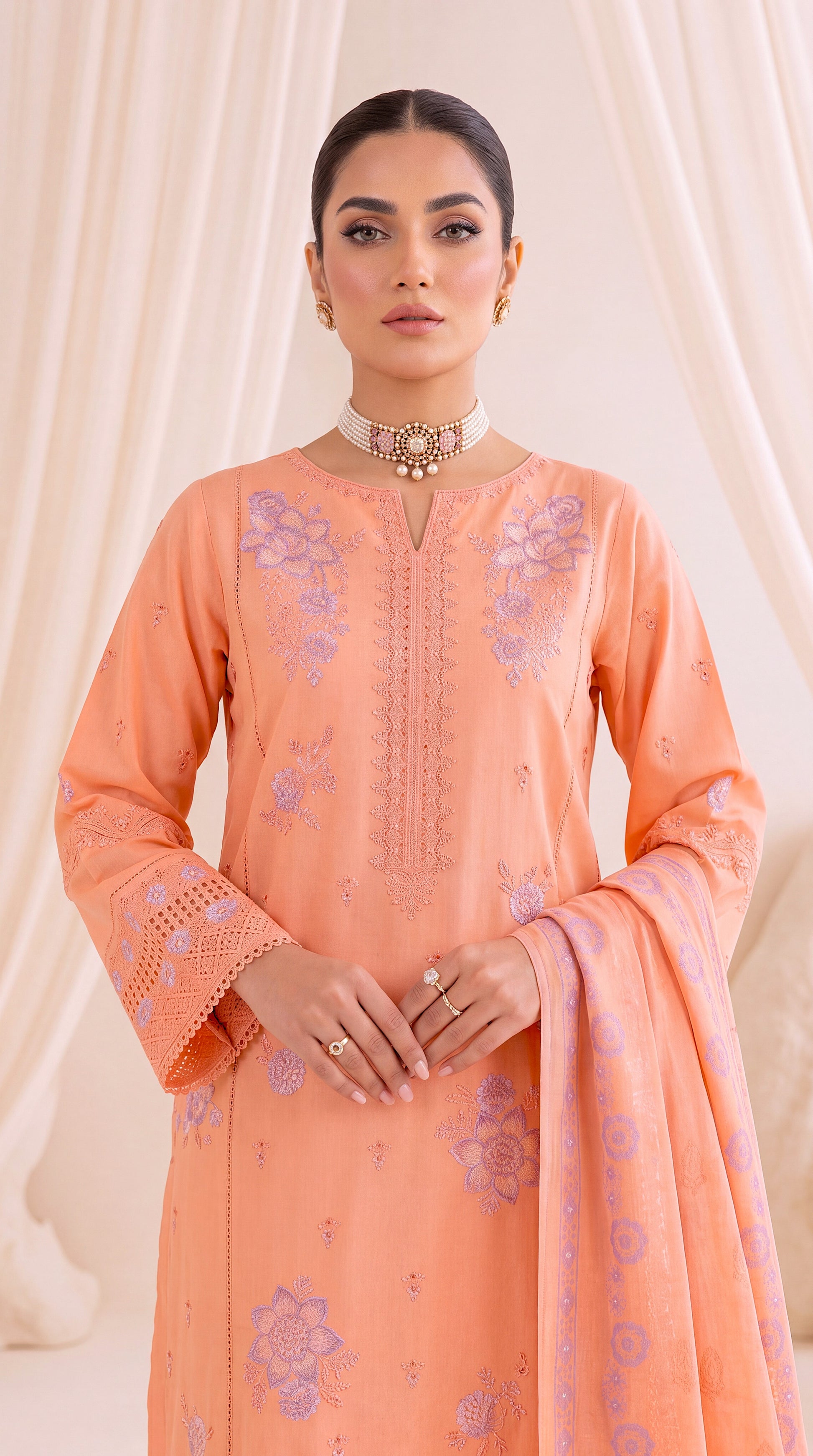 Ladies Embroidered Lawn Suit PL01055 Pastel Floral Embroidery 3 Piece PEACH / SML