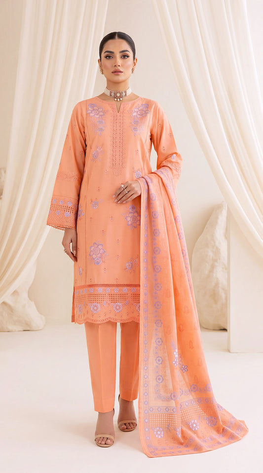 Ladies Embroidered Lawn Suit PL01055 Pastel Floral Embroidery 3 Piece PEACH / SML