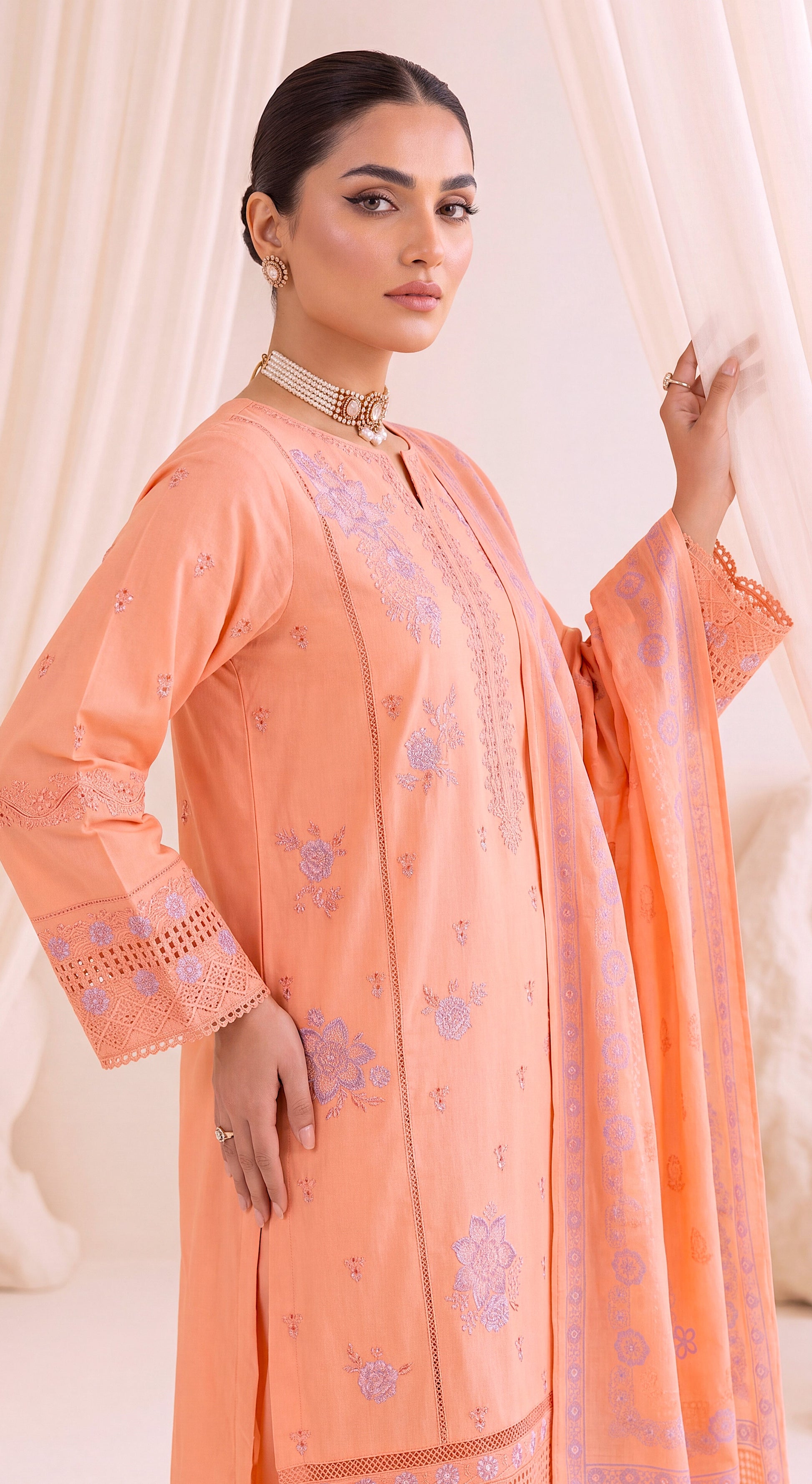 Ladies Embroidered Lawn Suit PL01055 Pastel Floral Embroidery 3 Piece PEACH / SML