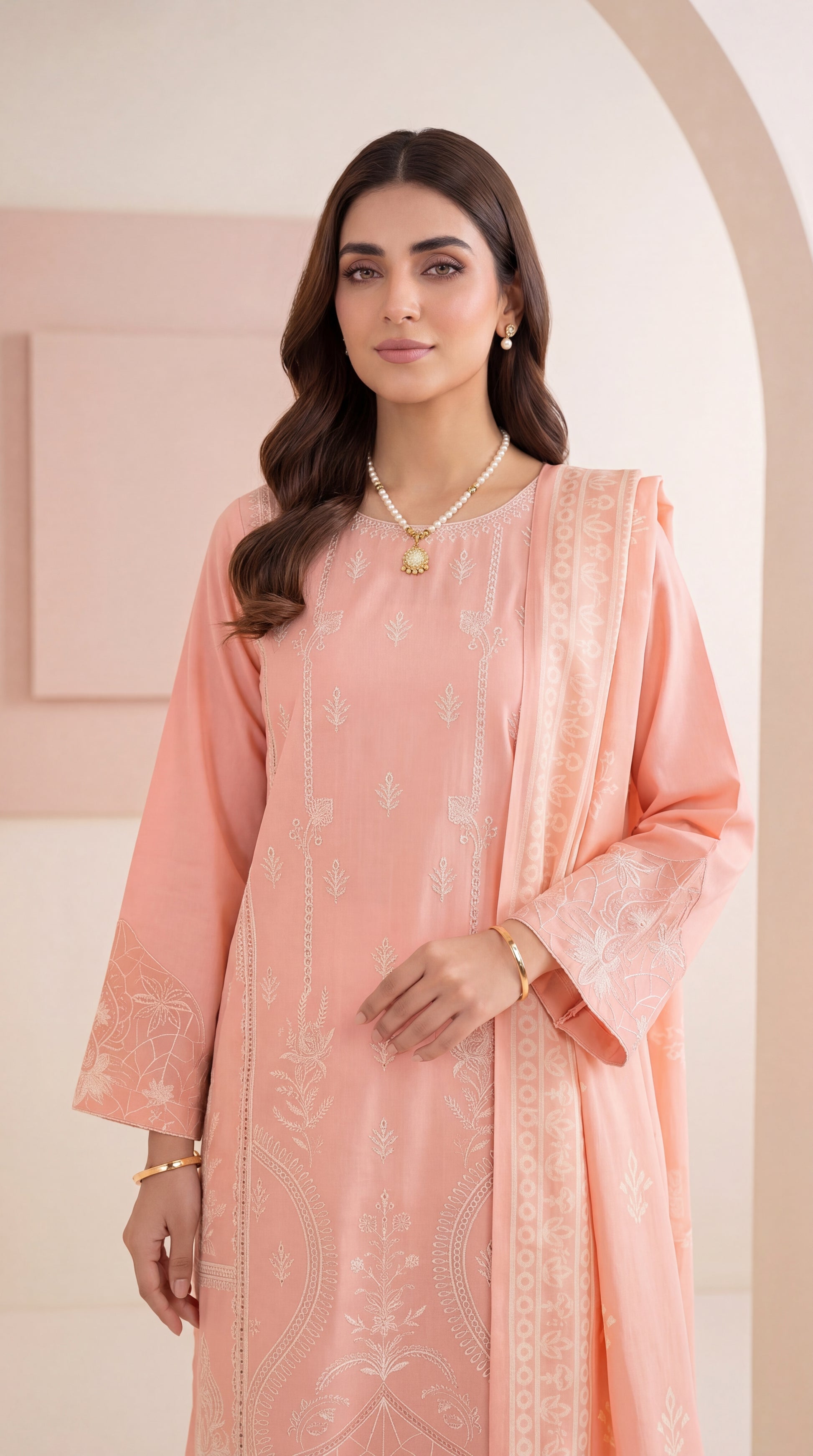 Tea Pink Modern Modest Cut & Pastel Fashion 3 Piece Women Suit - PL01056 PEACH / SML