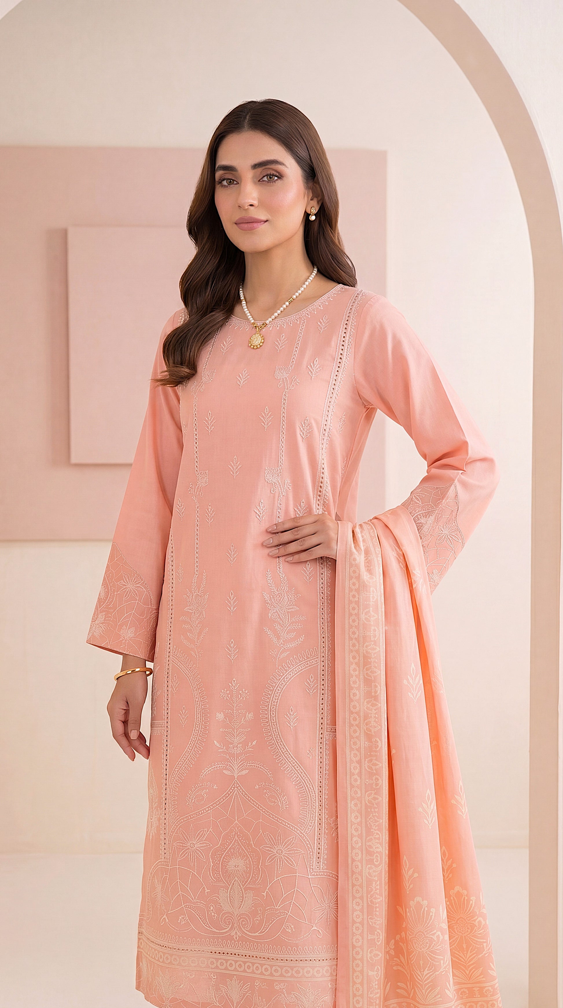 Tea Pink Modern Modest Cut & Pastel Fashion 3 Piece Women Suit - PL01056 PEACH / SML