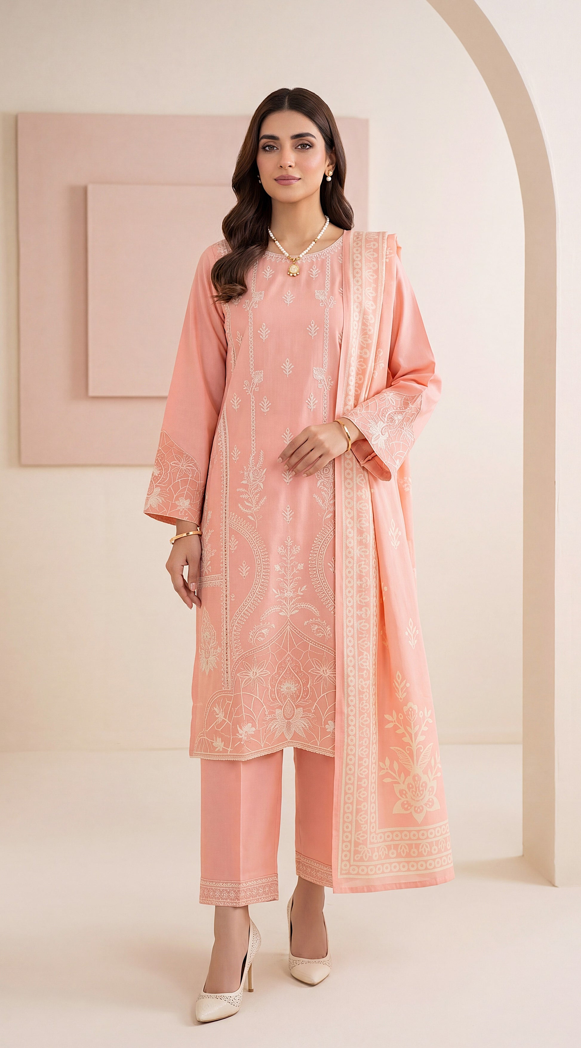 Tea Pink Modern Modest Cut & Pastel Fashion 3 Piece Women Suit - PL01056 PEACH / SML