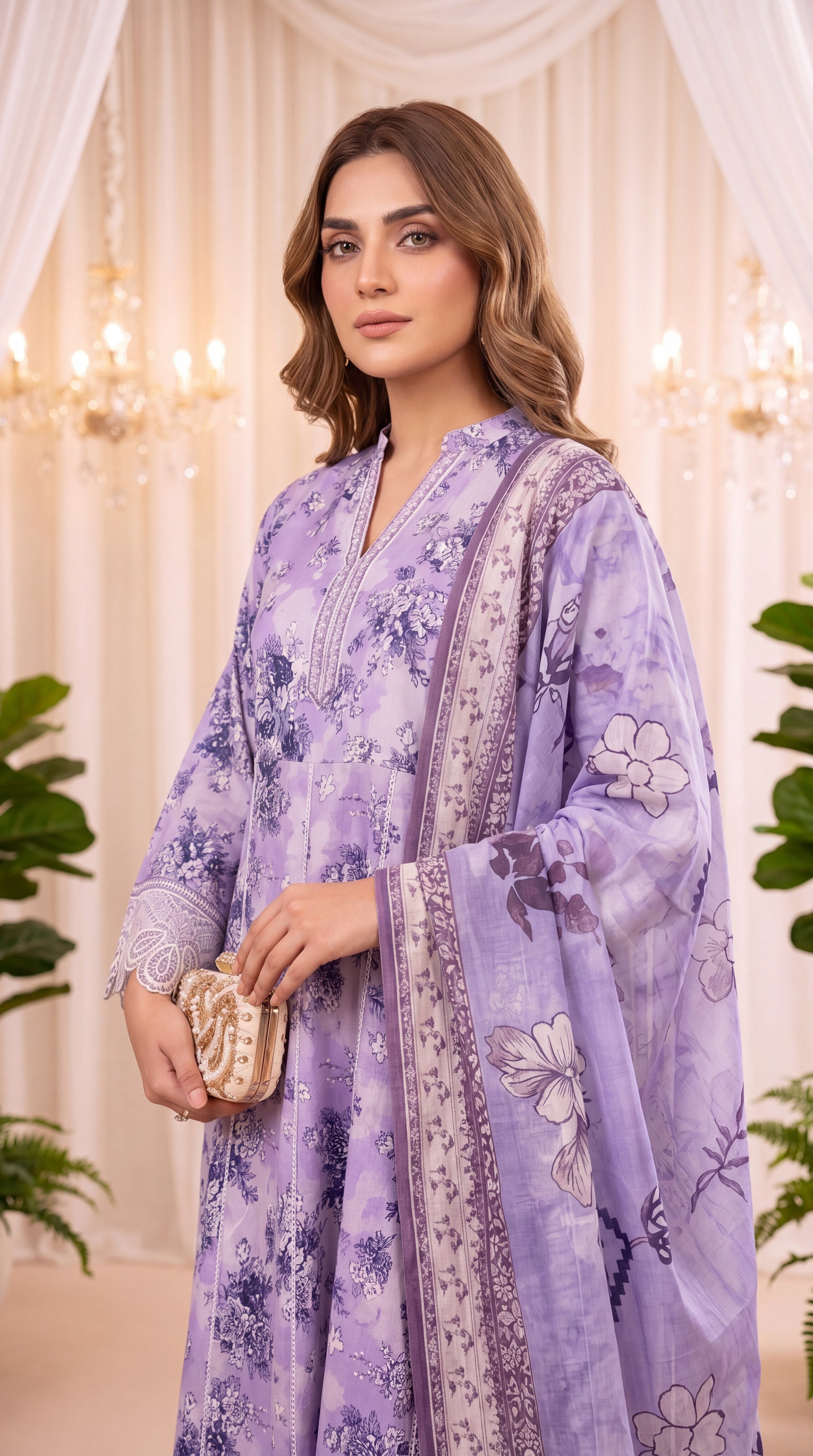 3PC Suit PL01074  Lavender Flora Print Lace Hem PURPLE / SML