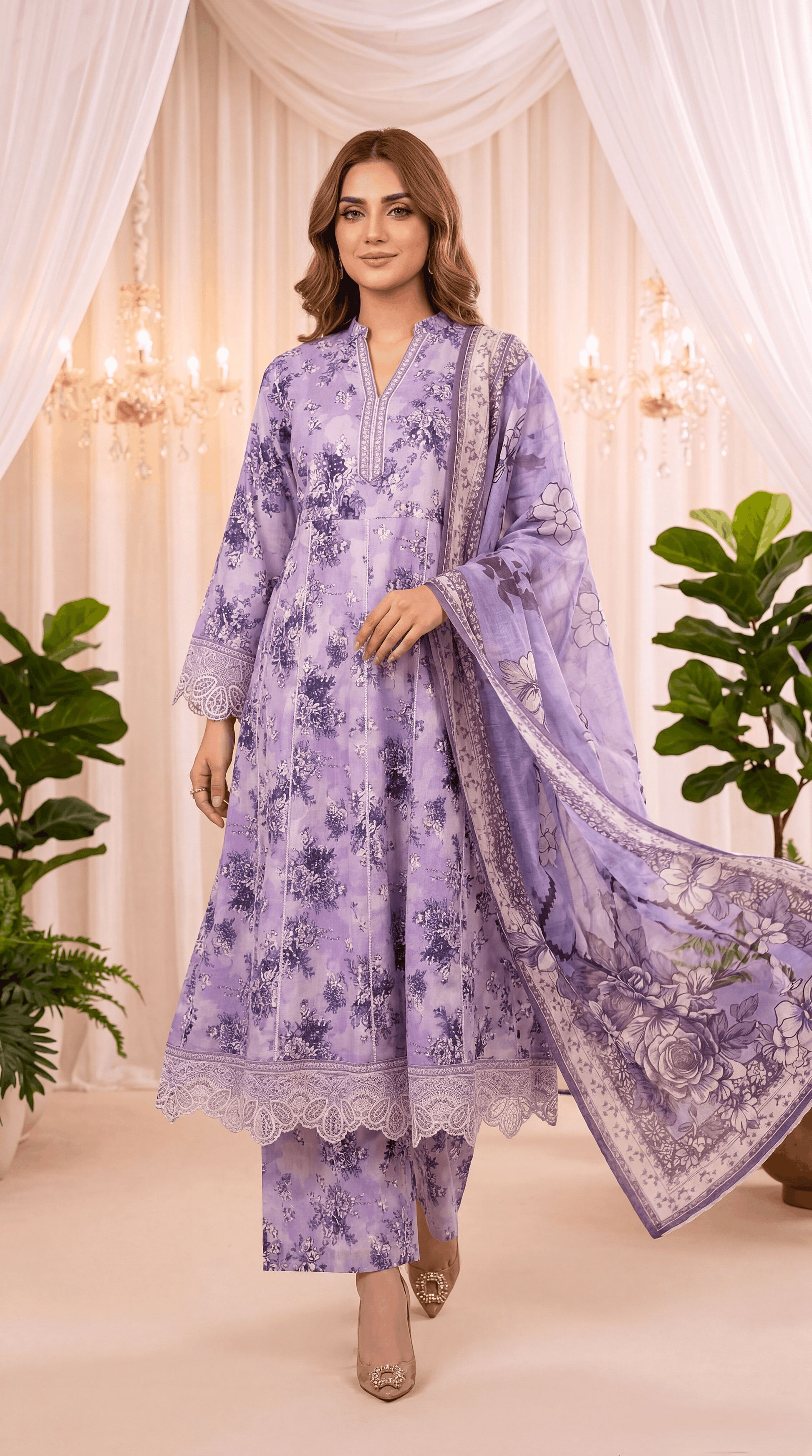 3PC Suit PL01074  Lavender Flora Print Lace Hem PURPLE / SML