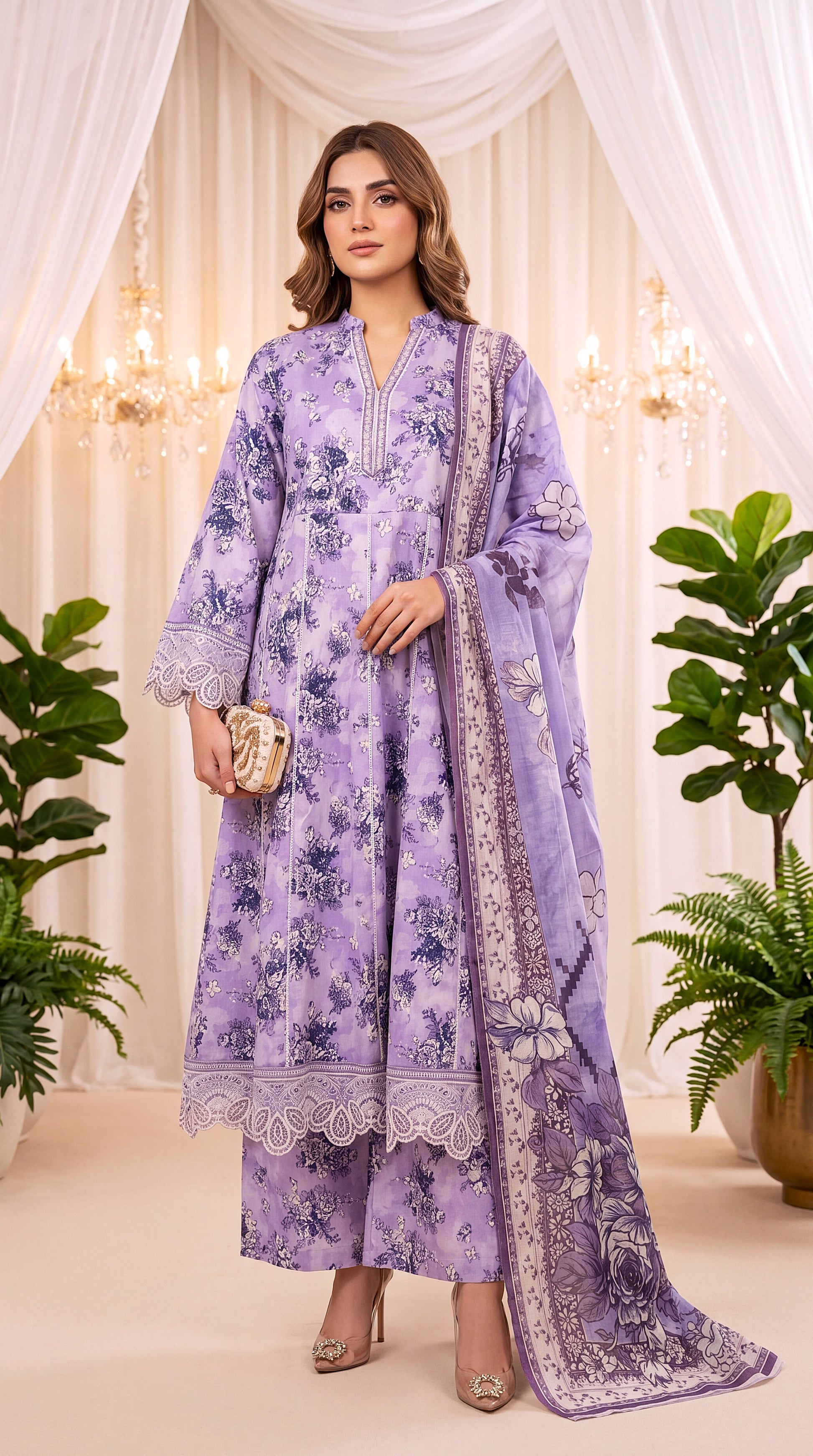 3PC Suit PL01074  Lavender Flora Print Lace Hem PURPLE / SML