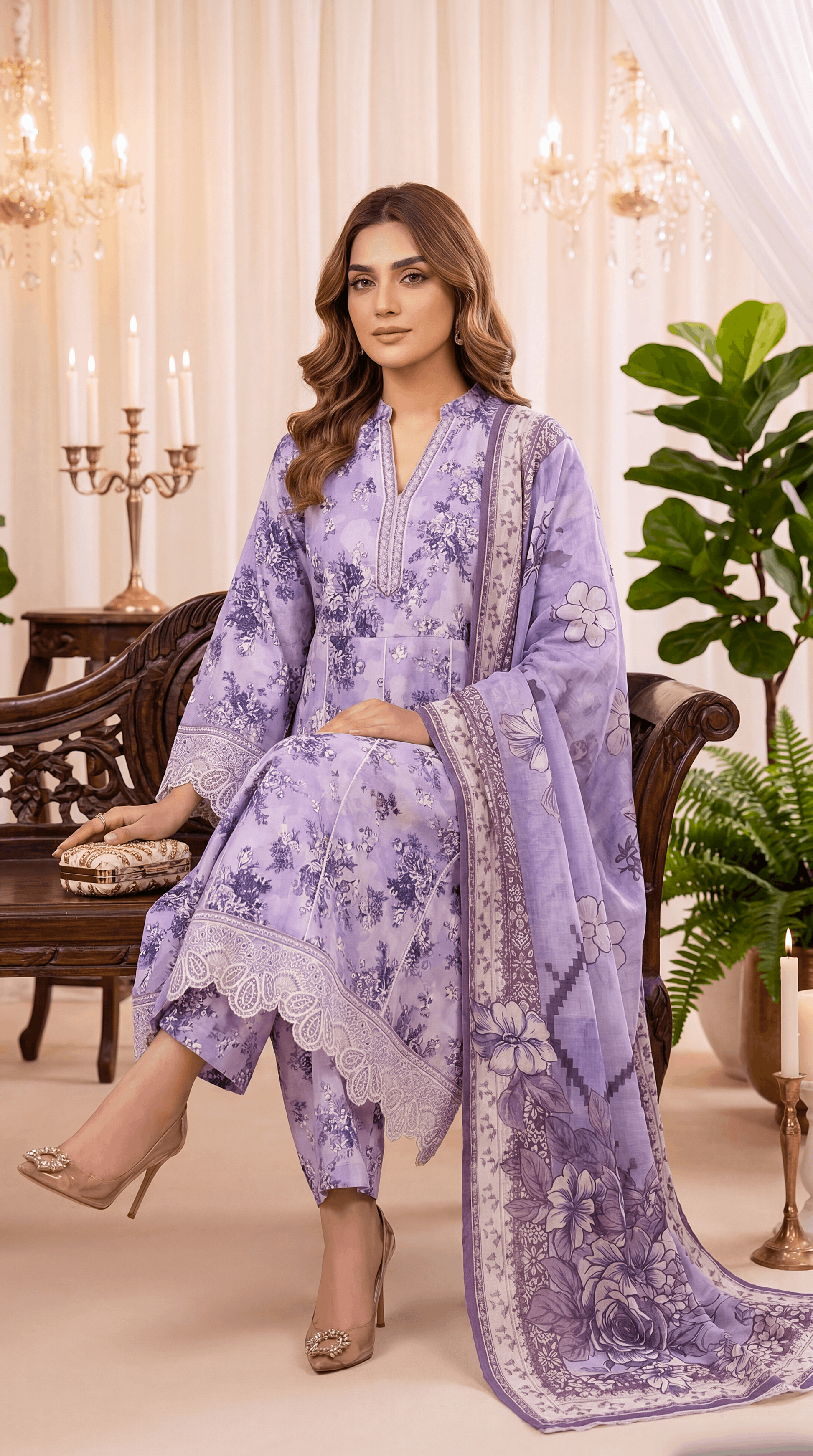3PC Suit PL01074  Lavender Flora Print Lace Hem PURPLE / SML