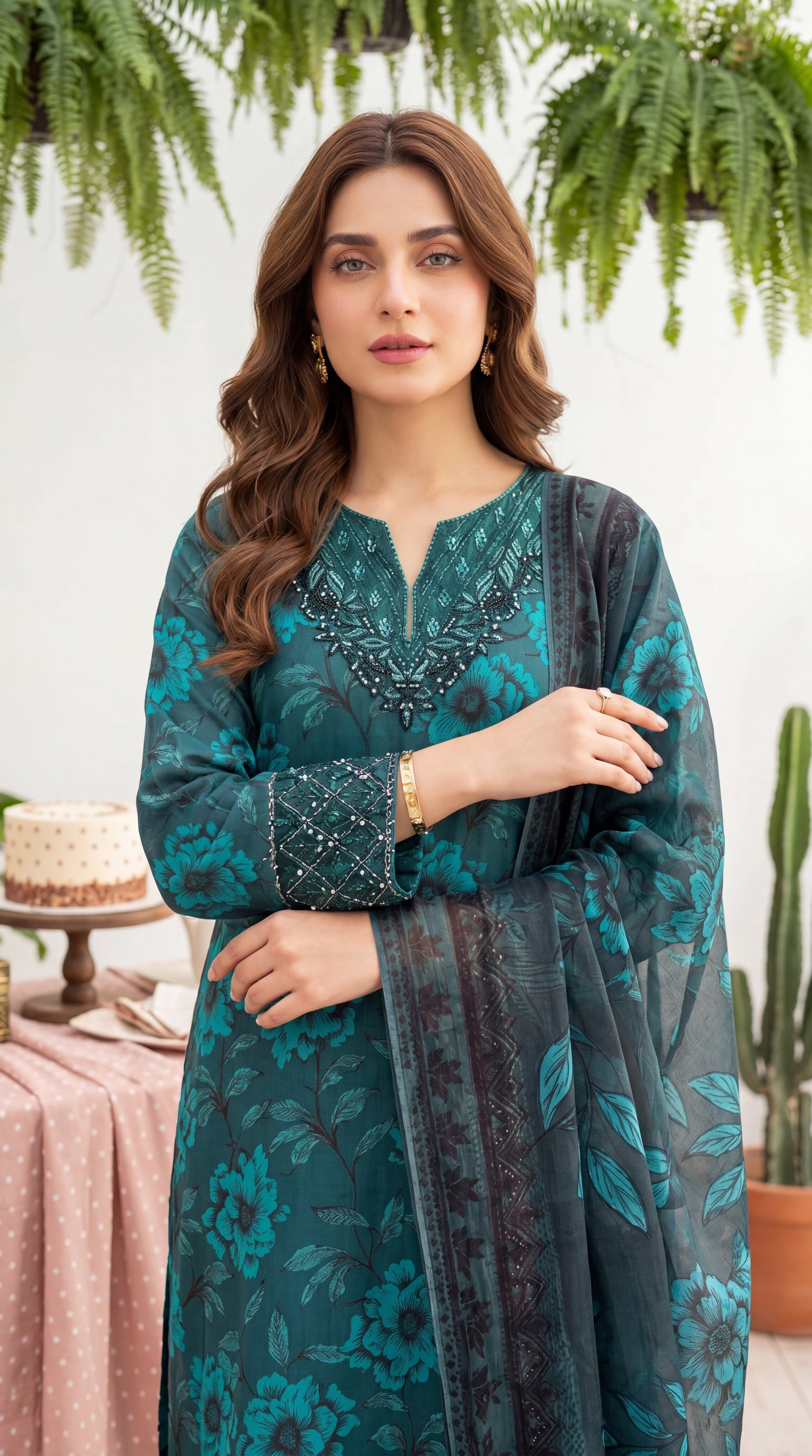 3PC Suit PL01076 Botanical Floral Print Embroidered Neckline FEROOZY / SML