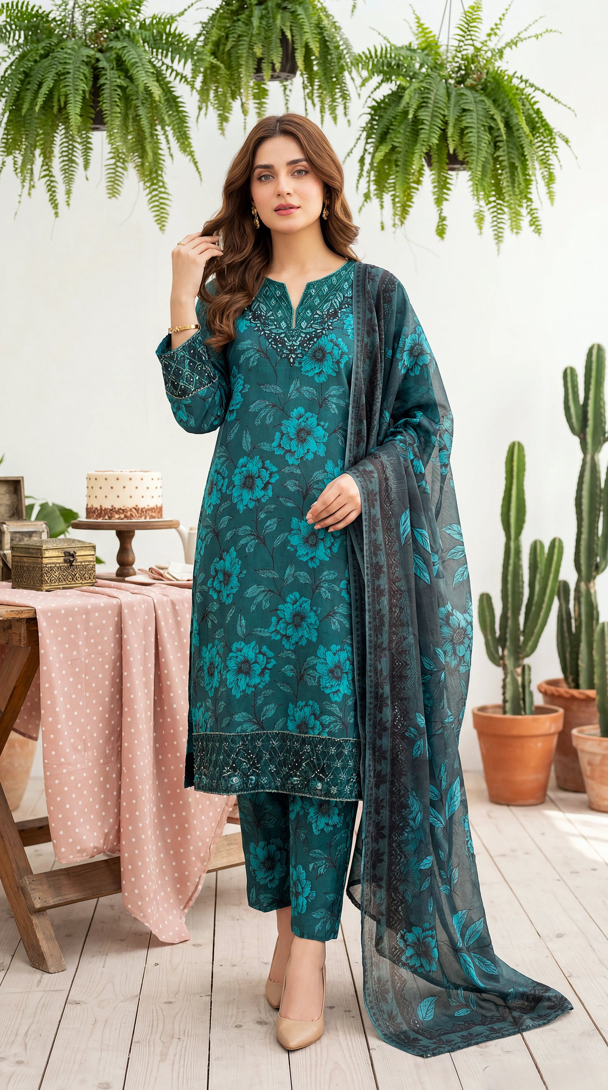3PC Suit PL01076 Botanical Floral Print Embroidered Neckline FEROOZY / SML