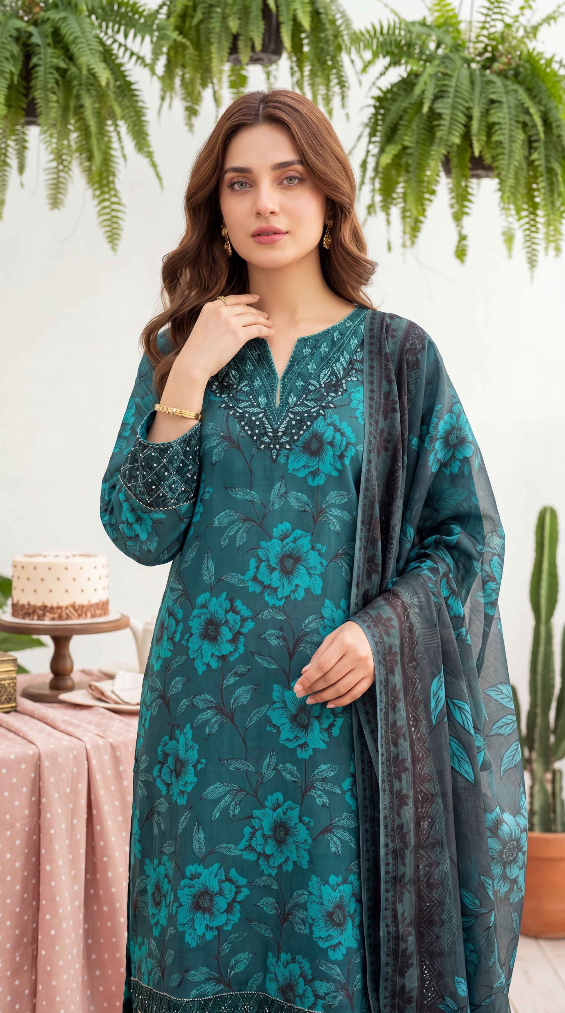 3PC Suit PL01076 Botanical Floral Print Embroidered Neckline FEROOZY / SML