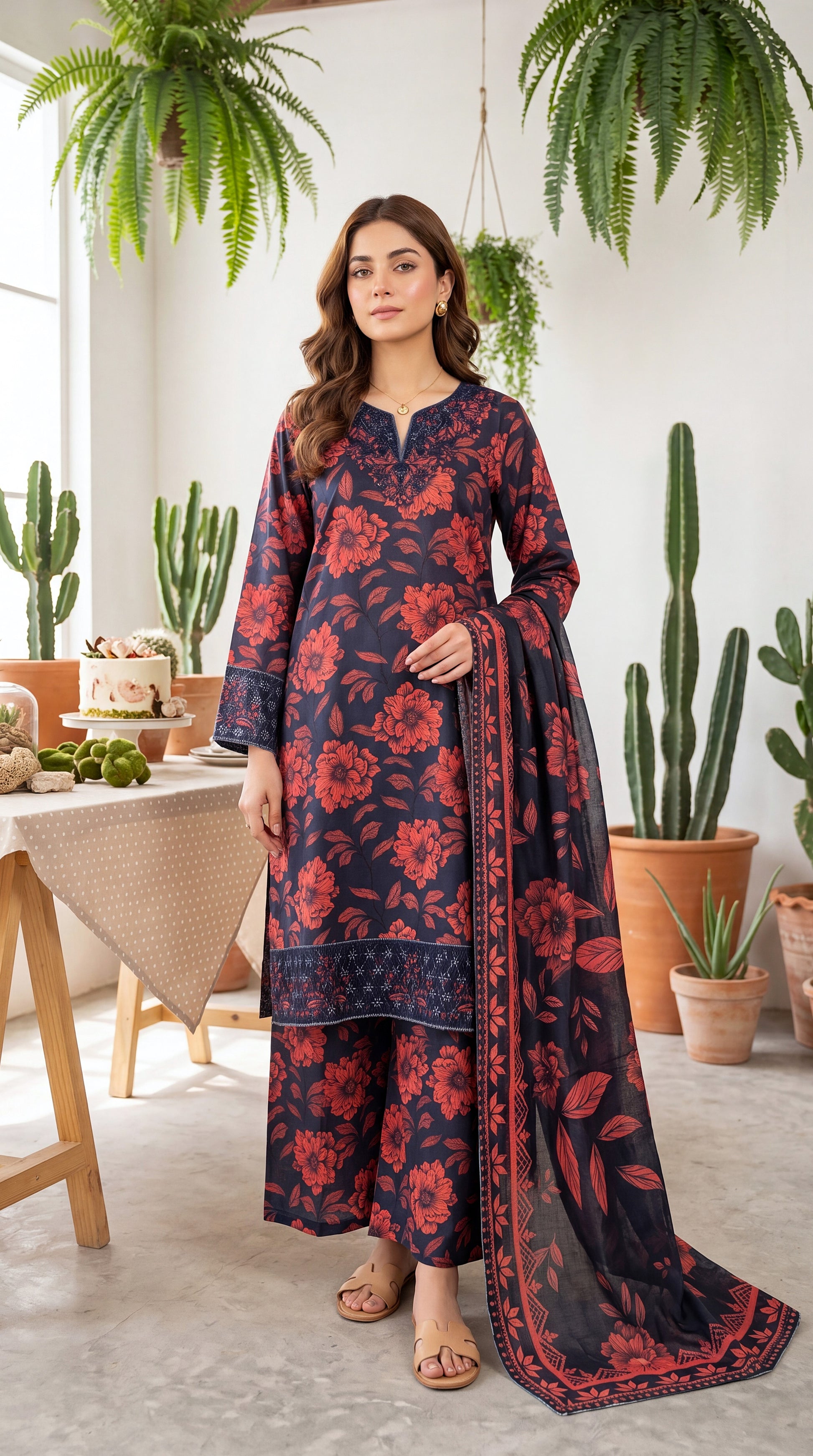3PC Suit PL01076 Botanical Floral Print Embroidered Neckline MEHROON / SML