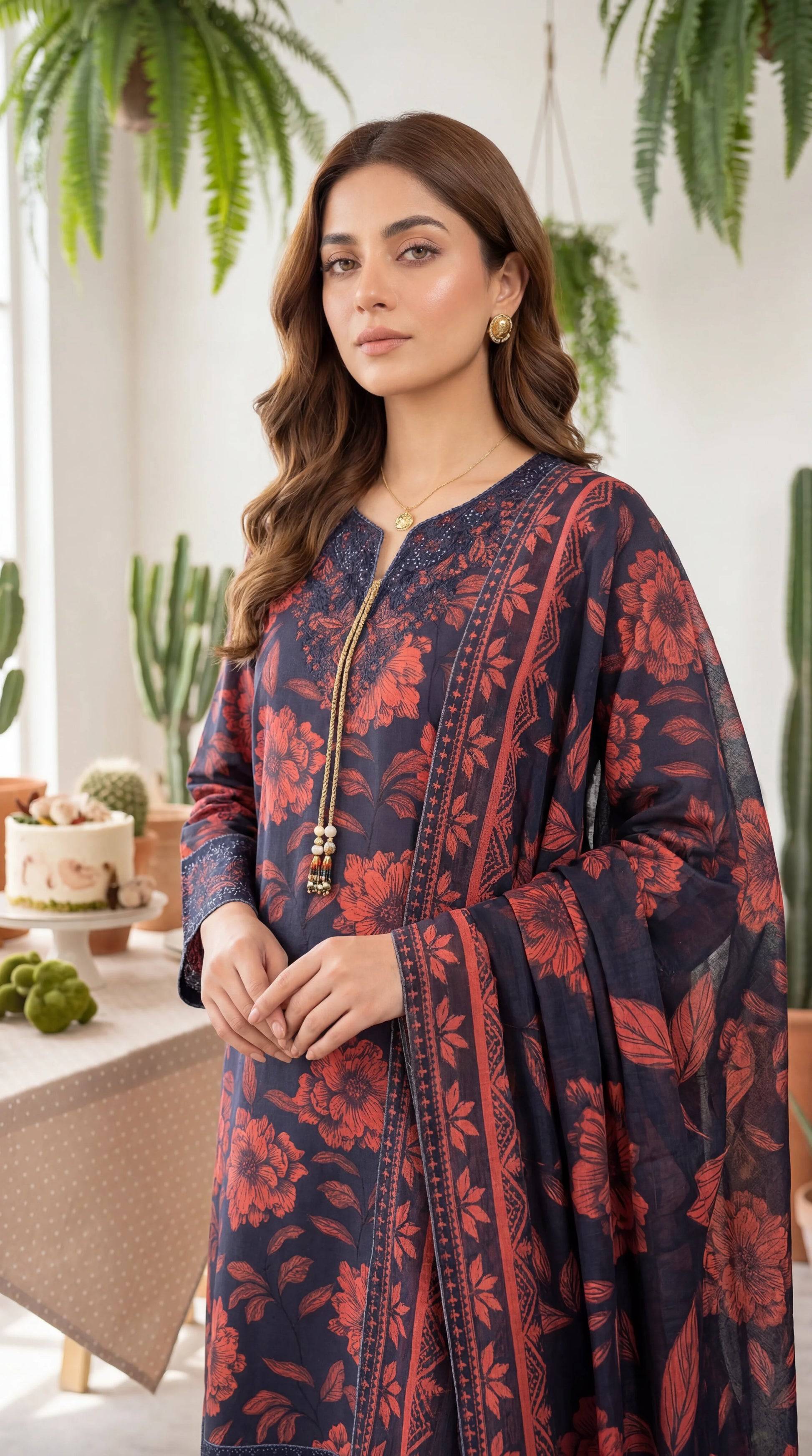 3PC Suit PL01076 Botanical Floral Print Embroidered Neckline MEHROON / SML