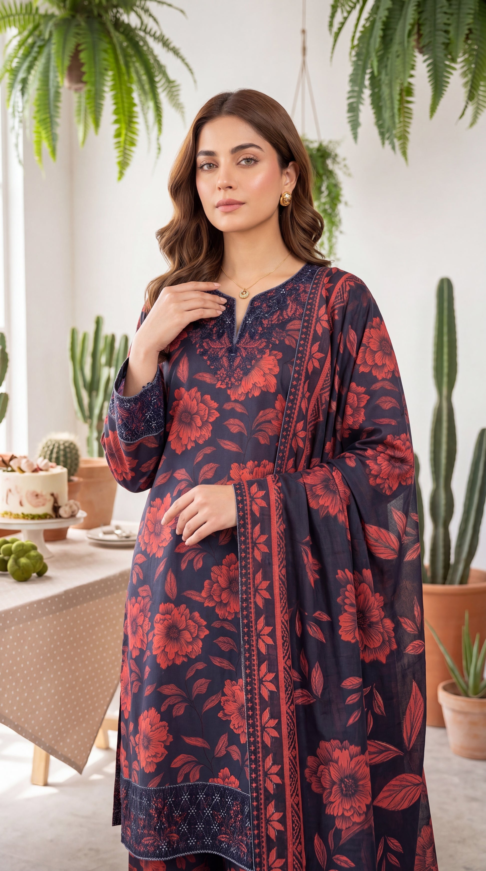 3PC Suit PL01076 Botanical Floral Print Embroidered Neckline MEHROON / SML