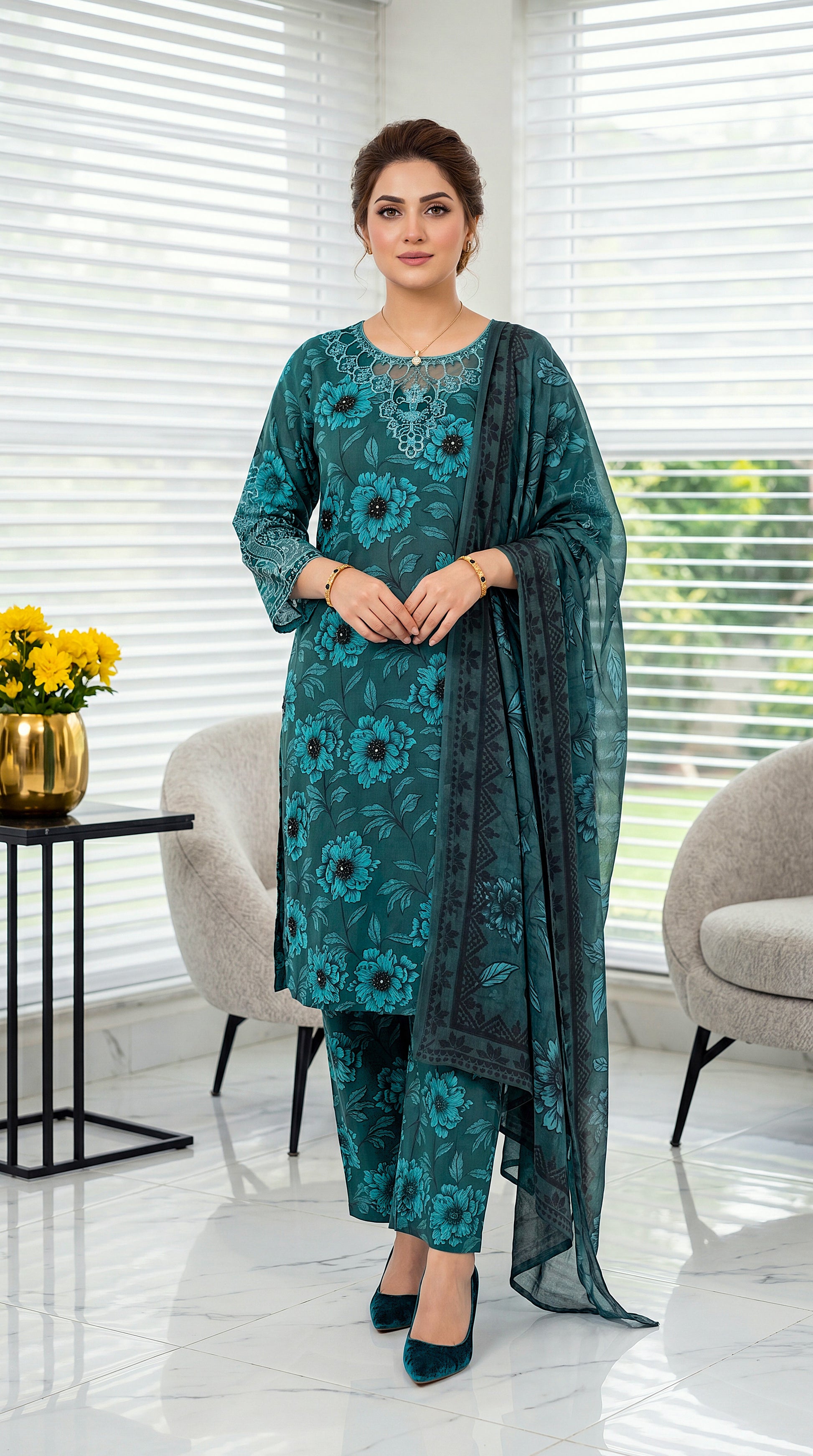 Women's Teal Floral Suit PL01077 | Digital Floral Print & Lace Neckline | 3 Piece | Lawn GREEN / SML