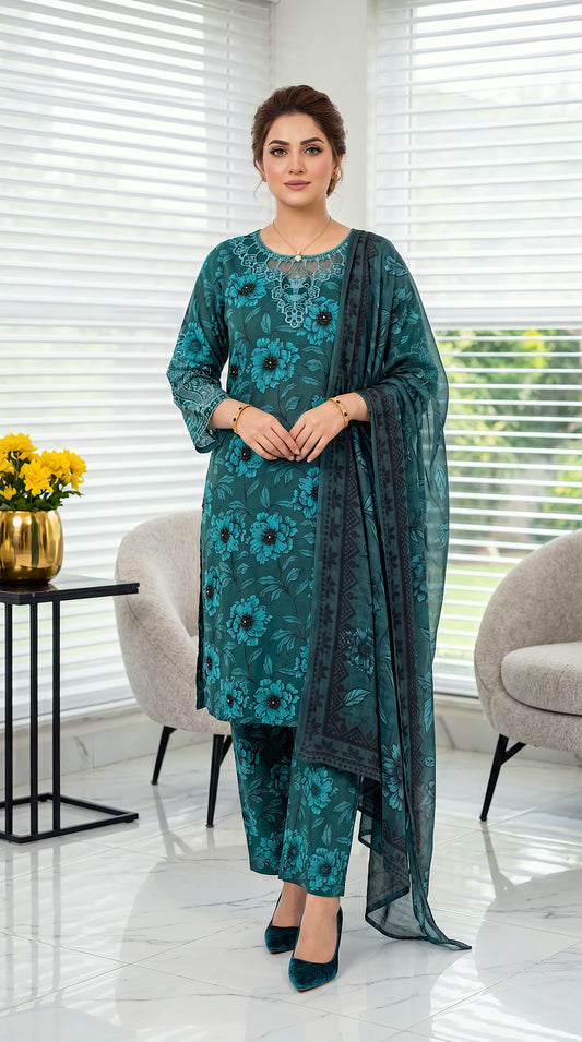 Women's Teal Floral Suit PL01077 | Digital Floral Print & Lace Neckline | 3 Piece | Lawn GREEN / SML