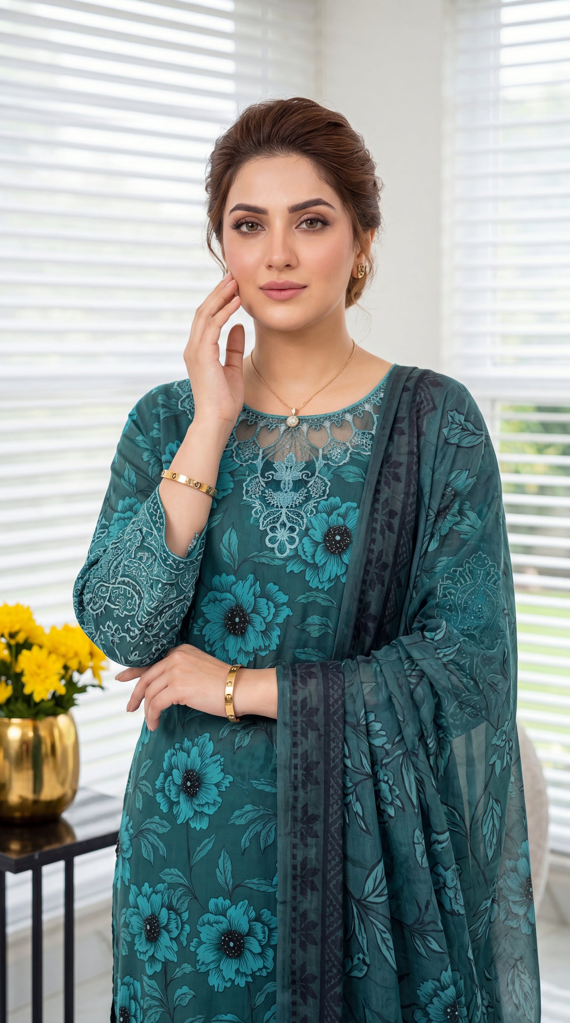 Women's Teal Floral Suit PL01077 | Digital Floral Print & Lace Neckline | 3 Piece | Lawn GREEN / SML