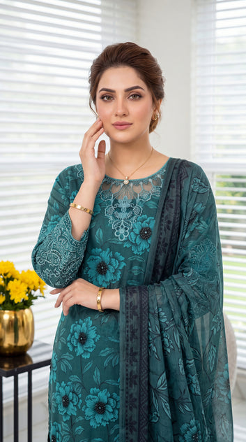 Women's Teal Floral Suit PL01077 | Digital Floral Print & Lace Neckline | 3 Piece | Lawn GREEN / SML