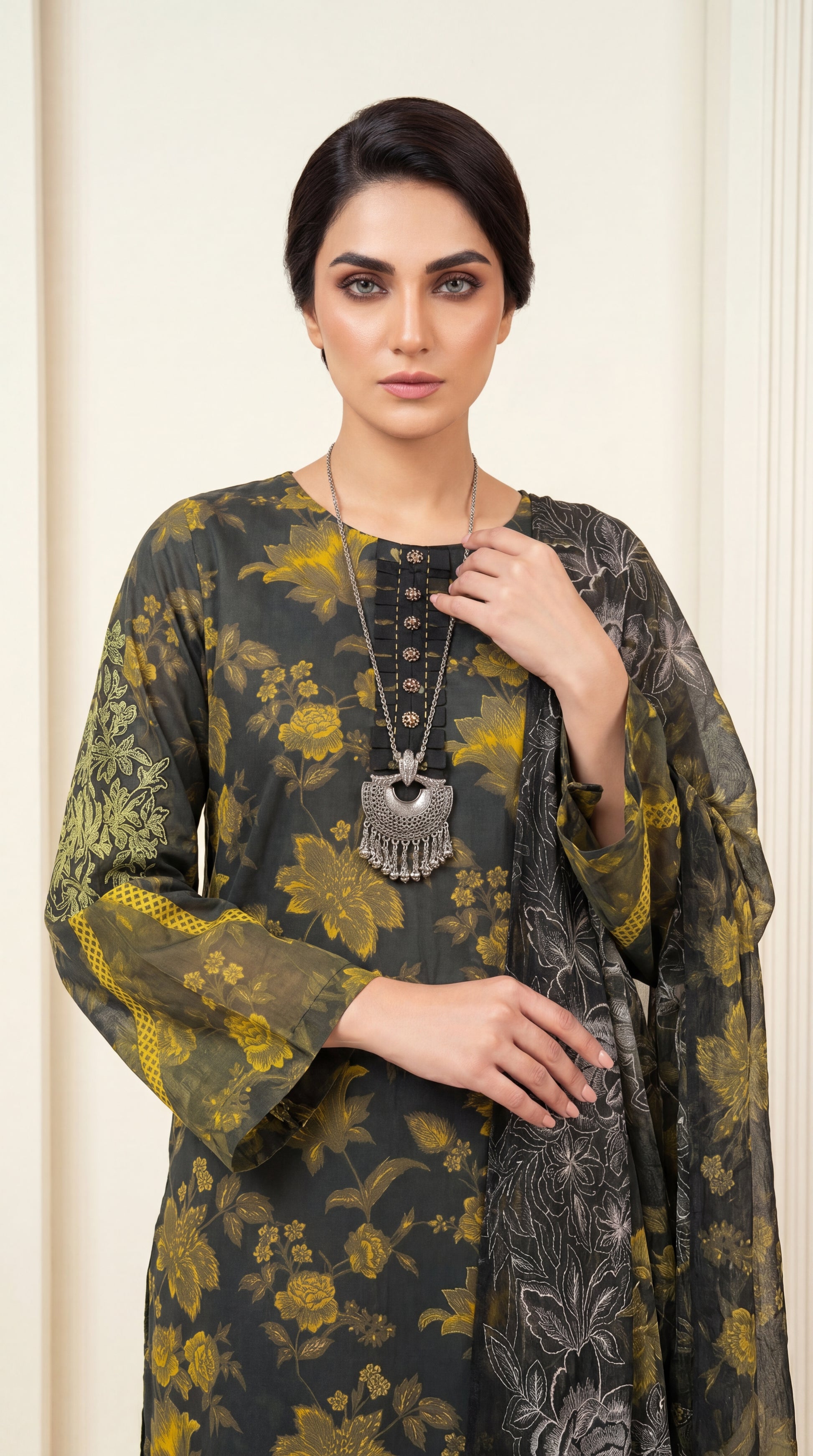 Ladies Printed Lawn Suit PL01078 Botanical Floral Print 3 Piece GREEN / SML