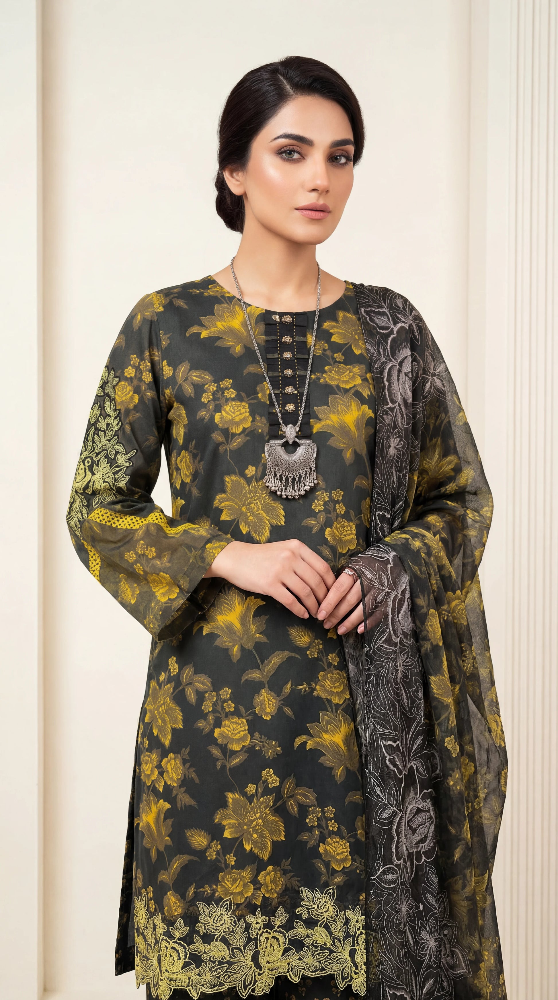 Ladies Printed Lawn Suit PL01078 Botanical Floral Print 3 Piece GREEN / SML