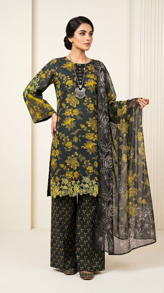 Ladies Printed Lawn Suit PL01078 Botanical Floral Print 3 Piece GREEN / SML
