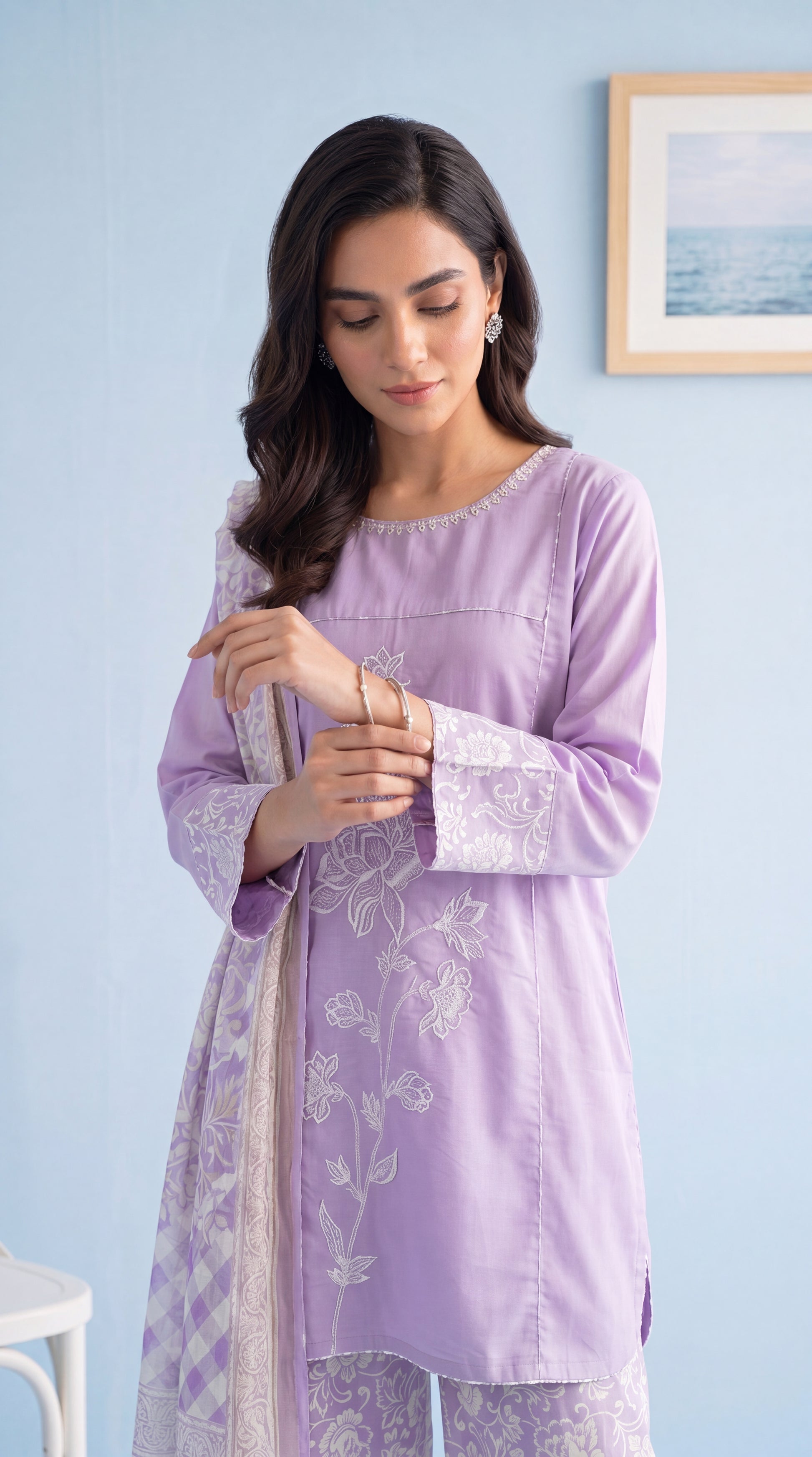 Women's Lilac Floral Co-Ord PL01079 | Embroidered Bloom Shirt & Printed Trouser | 3 Piece | Cotton Lawn PURPLE / SML
