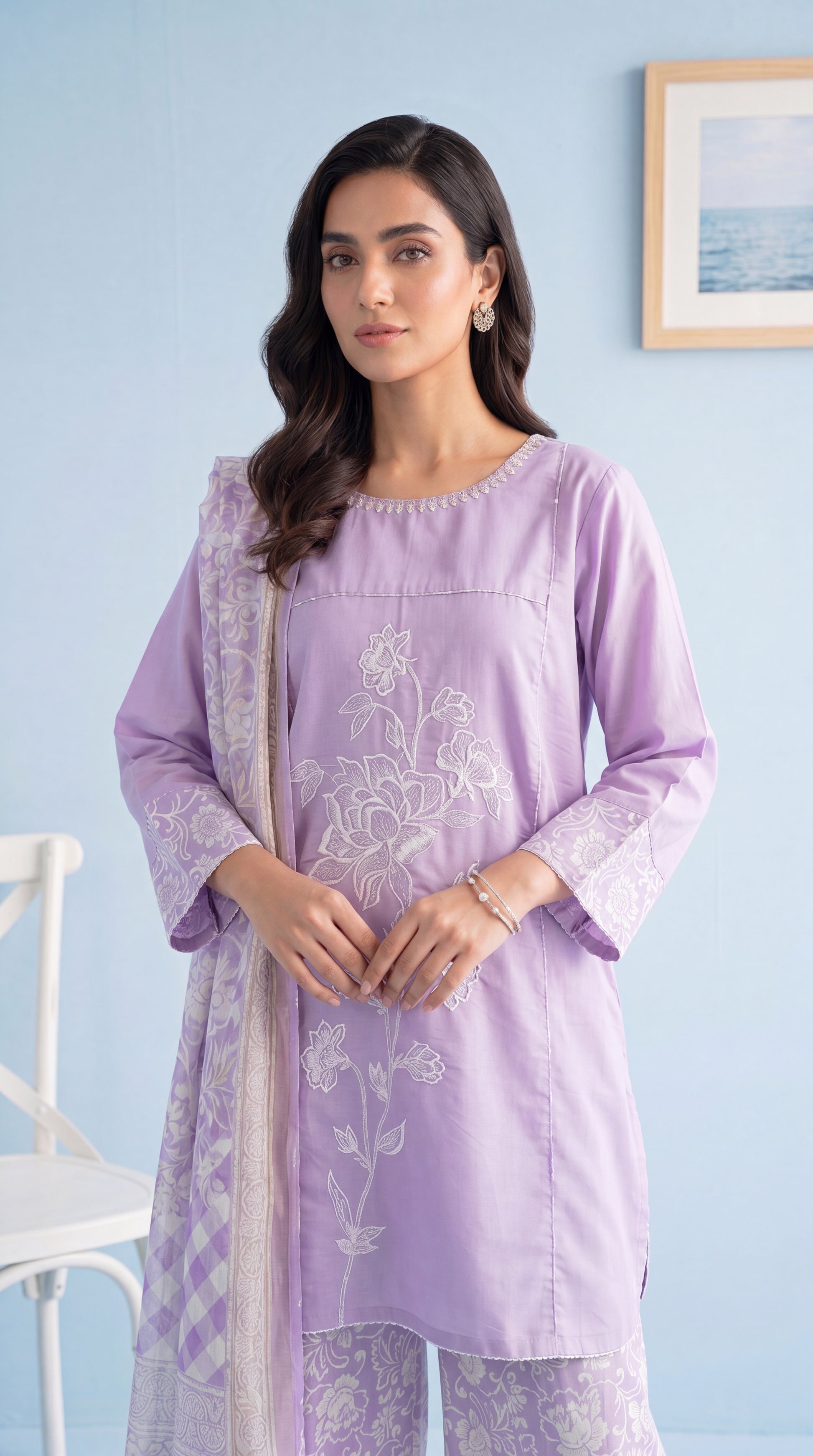 Women's Lilac Floral Co-Ord PL01079 | Embroidered Bloom Shirt & Printed Trouser | 3 Piece | Cotton Lawn PURPLE / SML