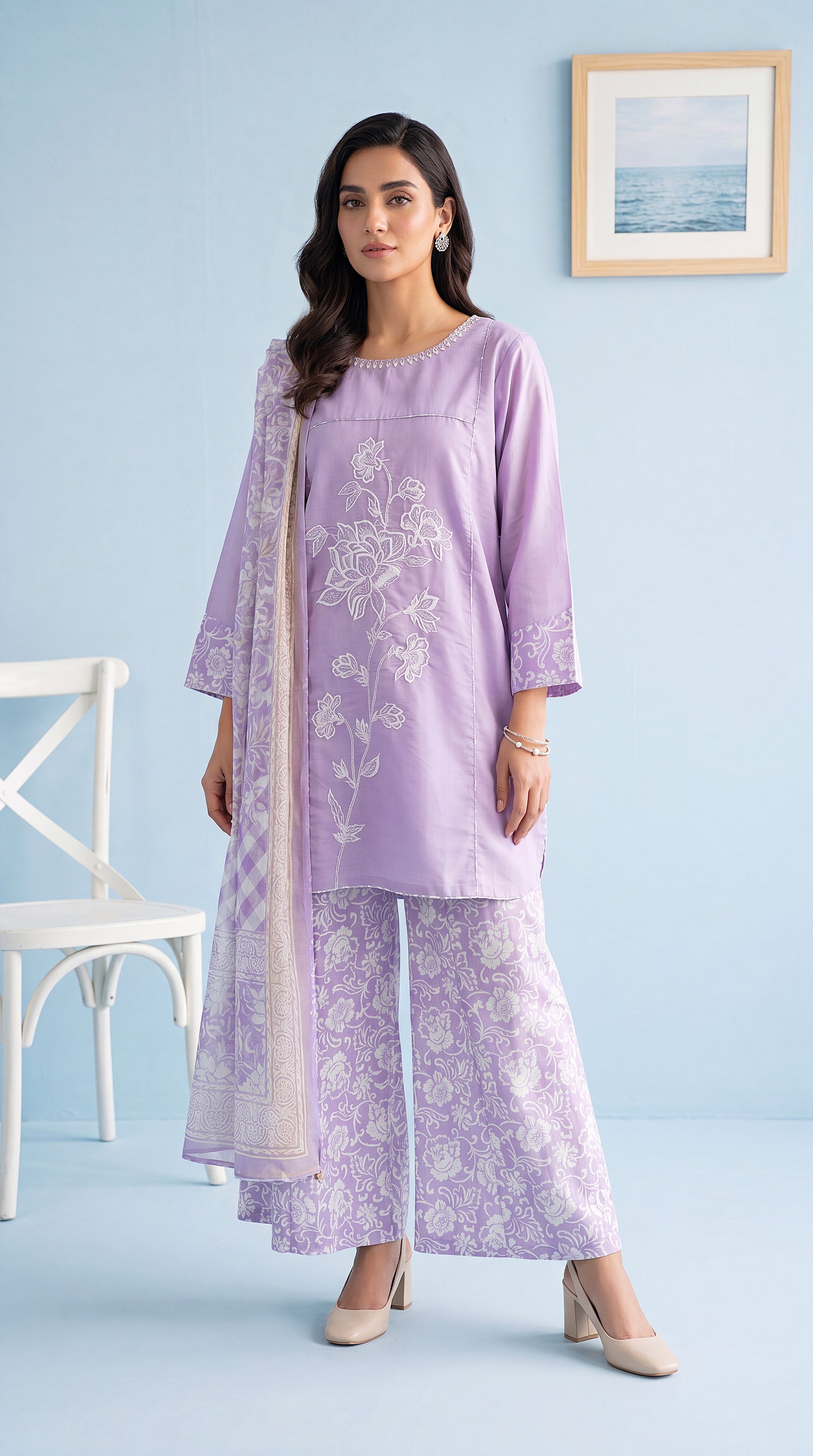 Women's Lilac Floral Co-Ord PL01079 | Embroidered Bloom Shirt & Printed Trouser | 3 Piece | Cotton Lawn PURPLE / SML