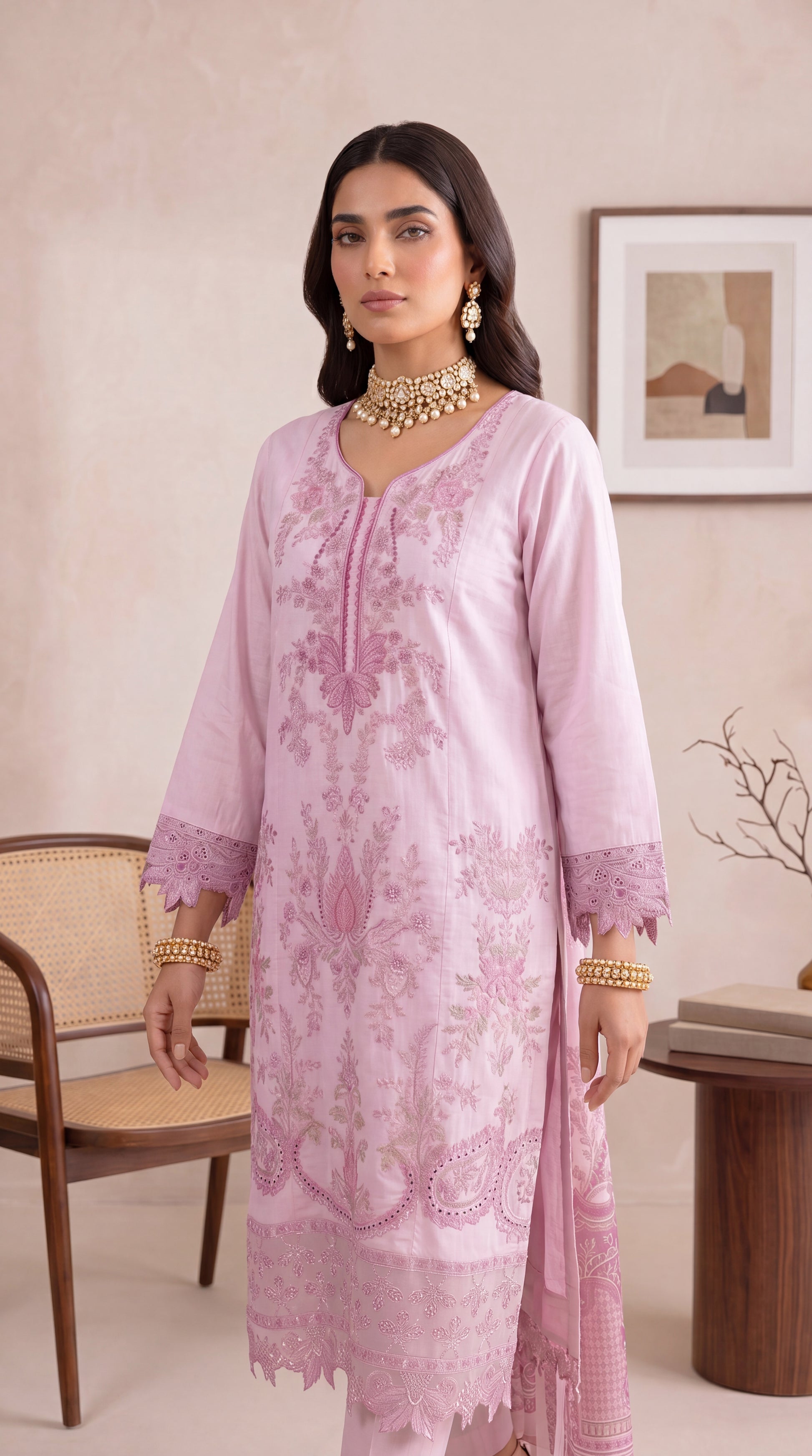 Women's Blush Pink Embroidered Suit PL01080 | Paisley Printed Dupatta & Lace Hem | 3 Piece | Lawn PINK / SML
