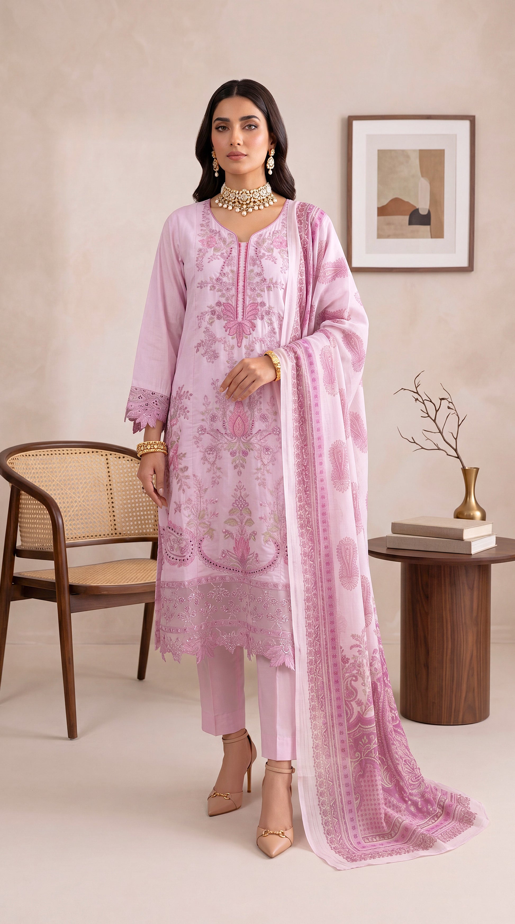 Women's Blush Pink Embroidered Suit PL01080 | Paisley Printed Dupatta & Lace Hem | 3 Piece | Lawn PINK / SML