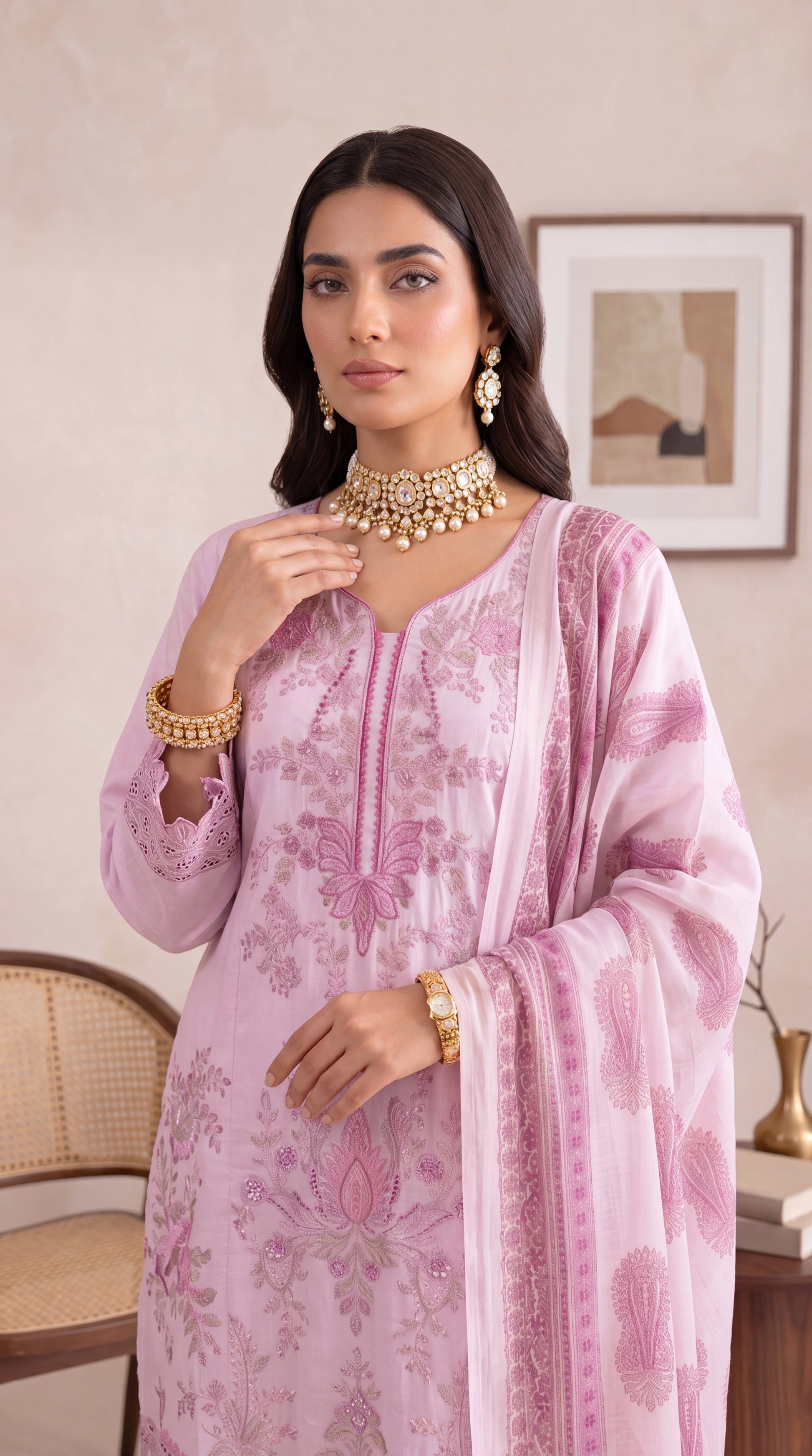 Women's Blush Pink Embroidered Suit PL01080 | Paisley Printed Dupatta & Lace Hem | 3 Piece | Lawn PINK / SML
