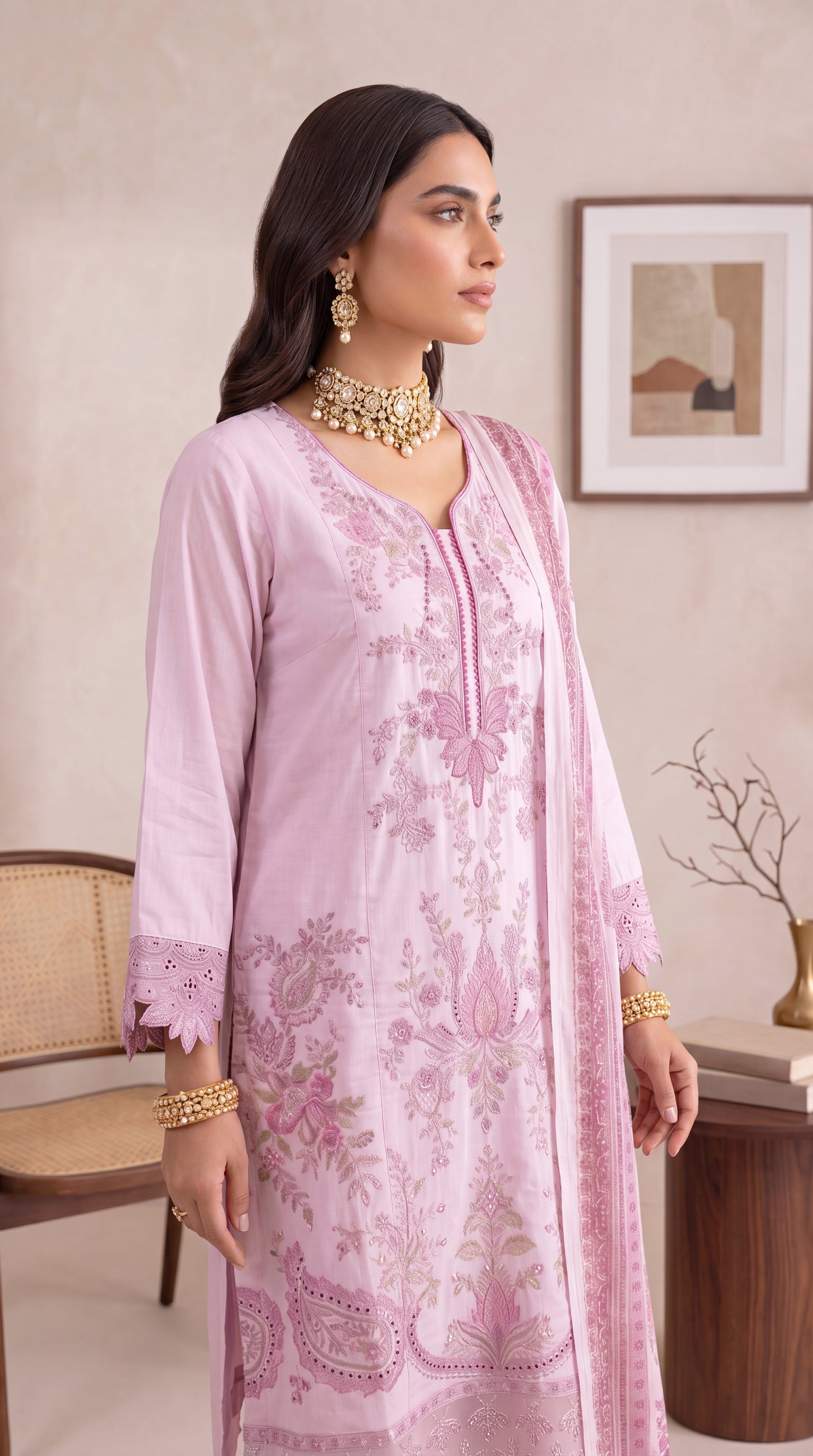 Women's Blush Pink Embroidered Suit PL01080 | Paisley Printed Dupatta & Lace Hem | 3 Piece | Lawn PINK / SML