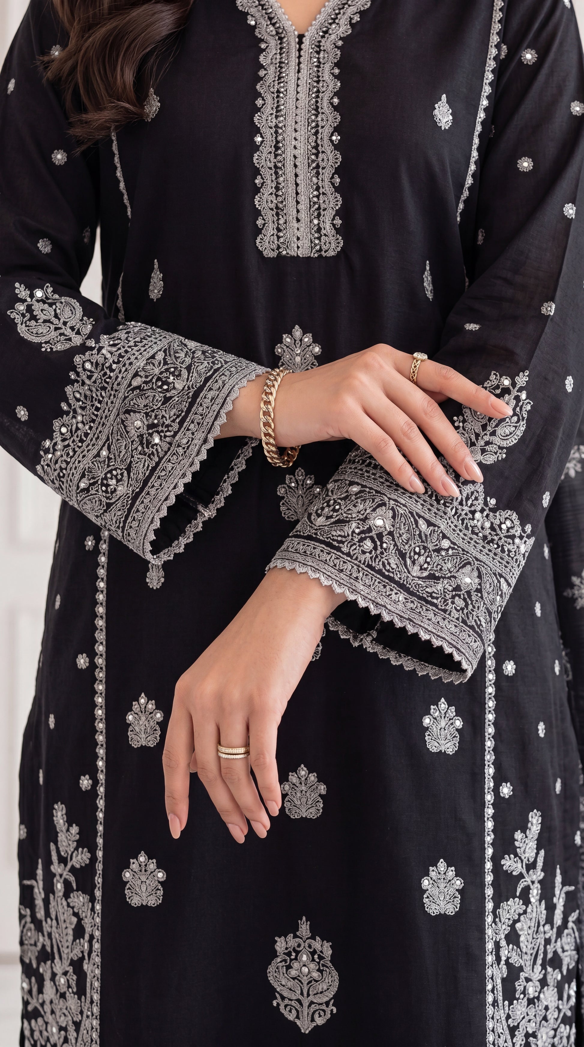 Women's Black Embroidered Suit PL01095 | Silver Border Work & Printed Dupatta | 3 Piece | Cambric BLACK / SML